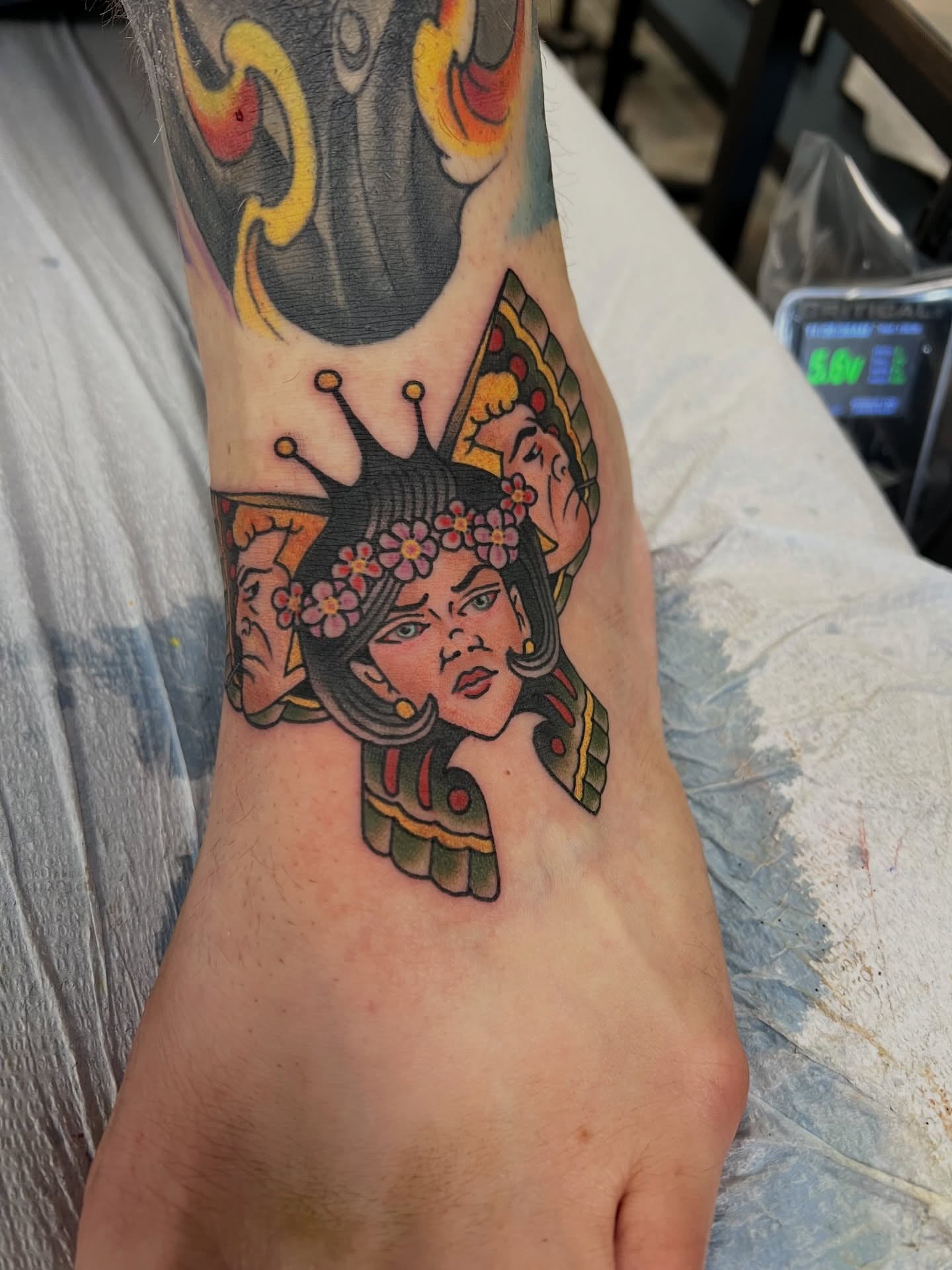 Geisha American traditional tattoo on the foot by Corey Thompson, Butler, Pennsylvania