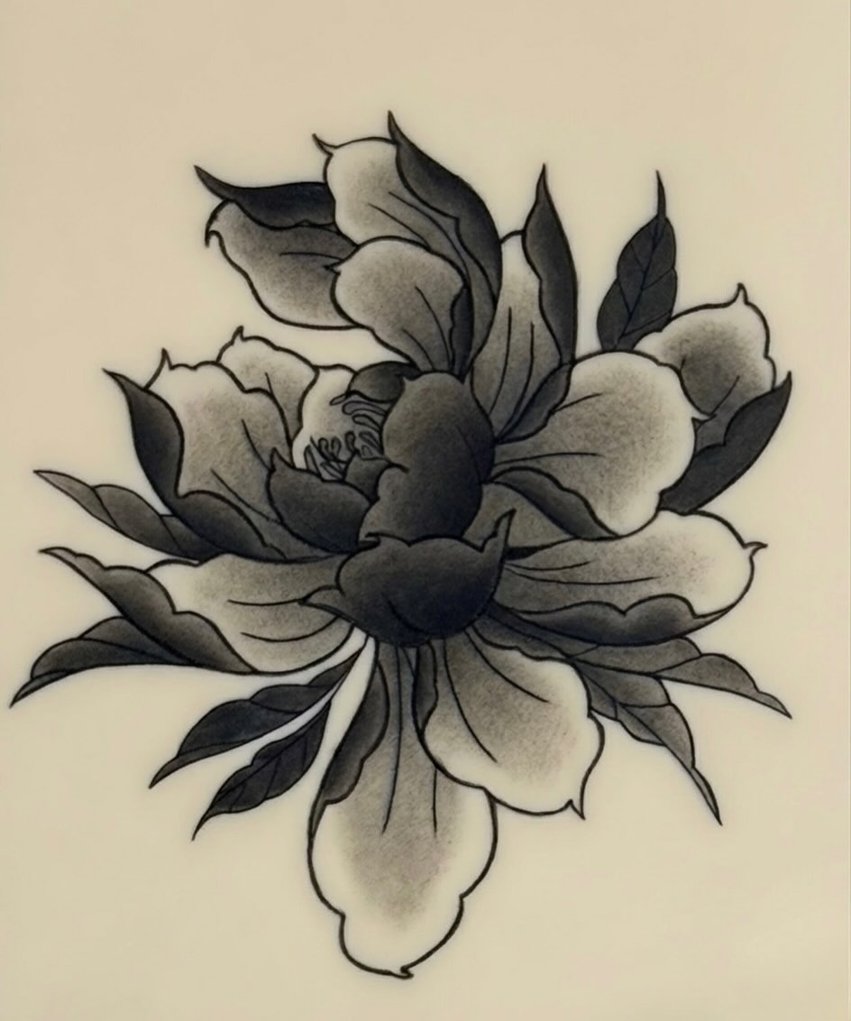 Peony black and grey tattoo by Kai, Charlotte, North Carolina