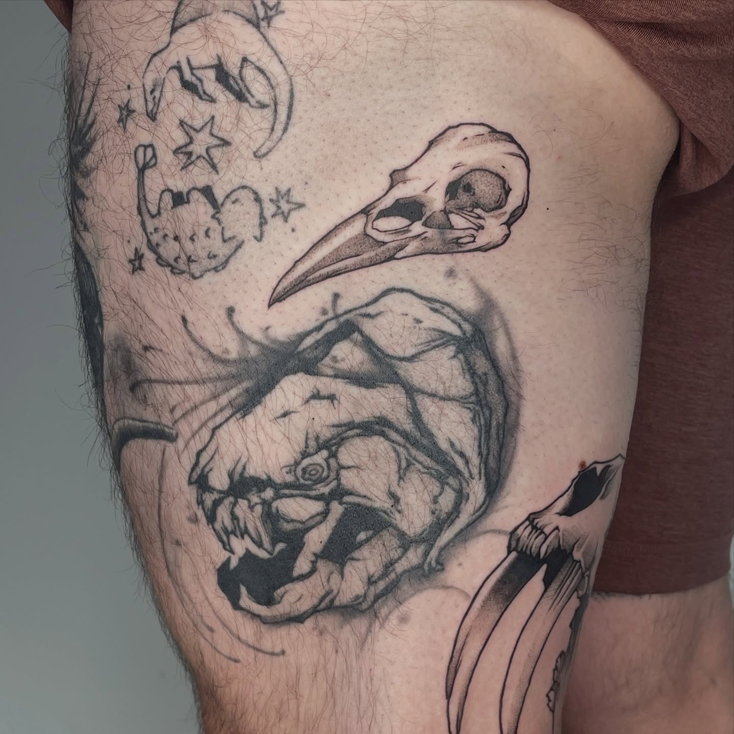 Bird skull and hand realism tattoo on the thigh by Mia 	\(★ω★)