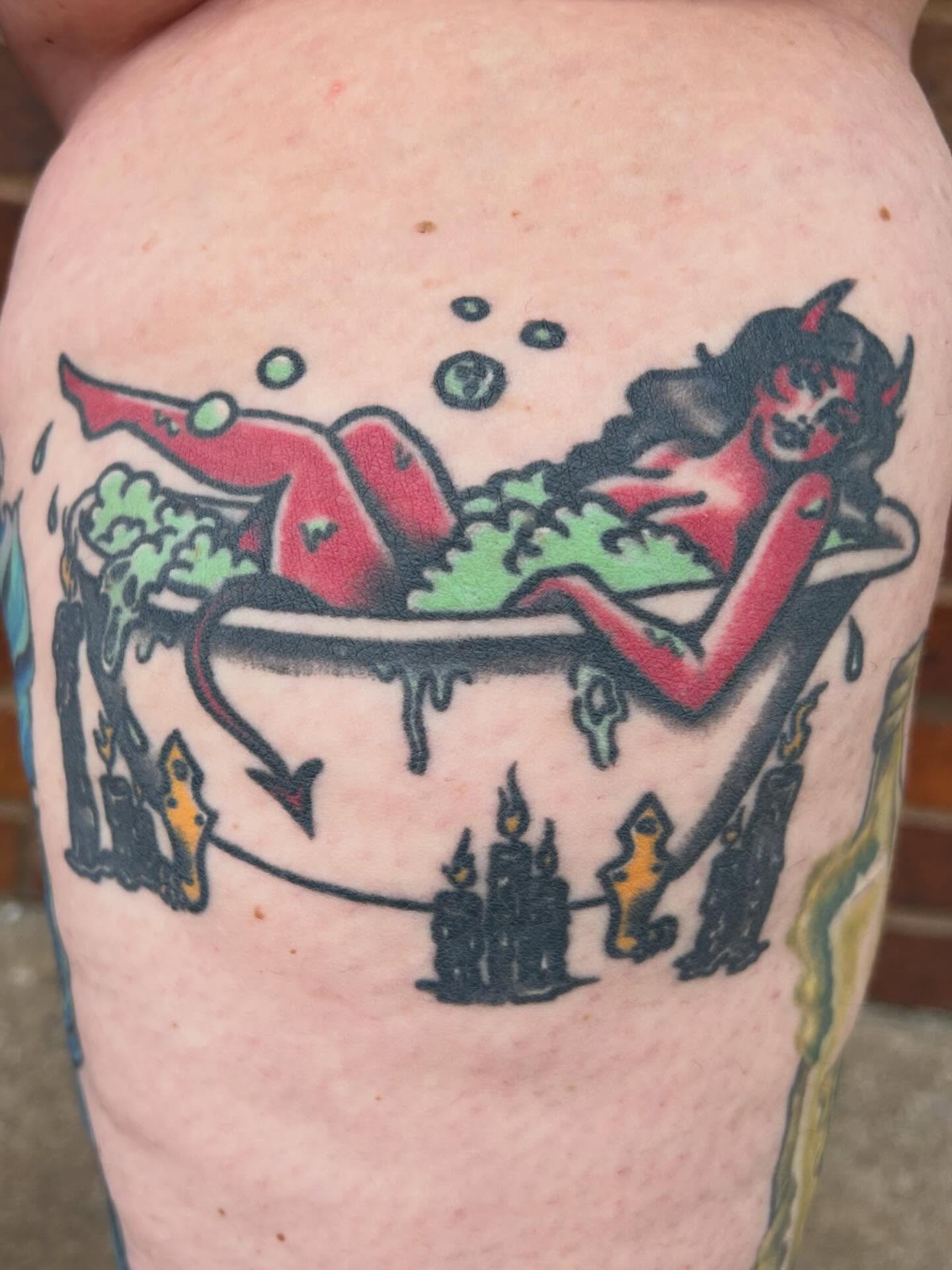 Bathtub devil American traditional tattoo on the upper arm by Morgan Hazer Tattoos, Cedar Rapids, Iowa