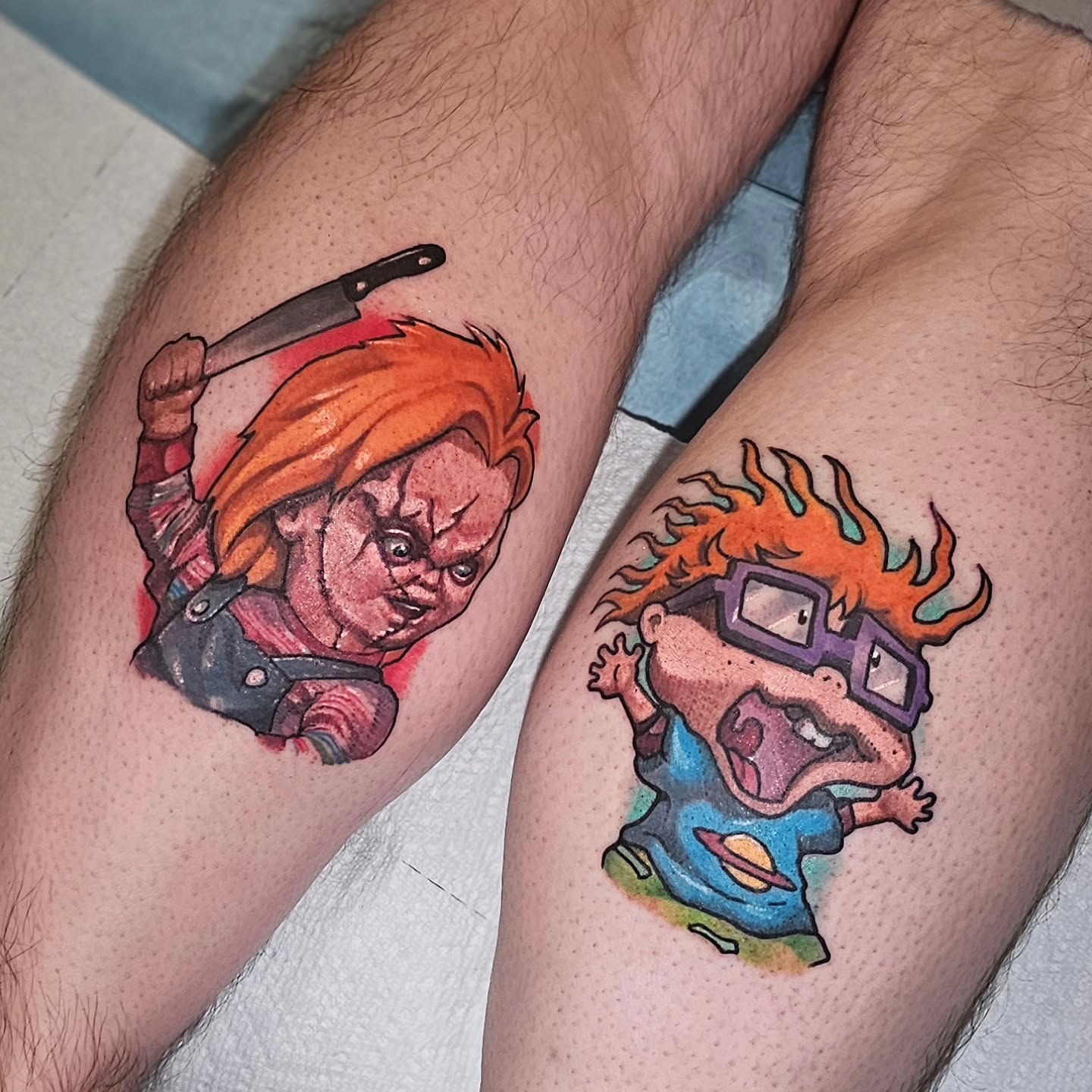Chucky dotwork tattoo on the thigh by Cody Gower Tattoo Artist