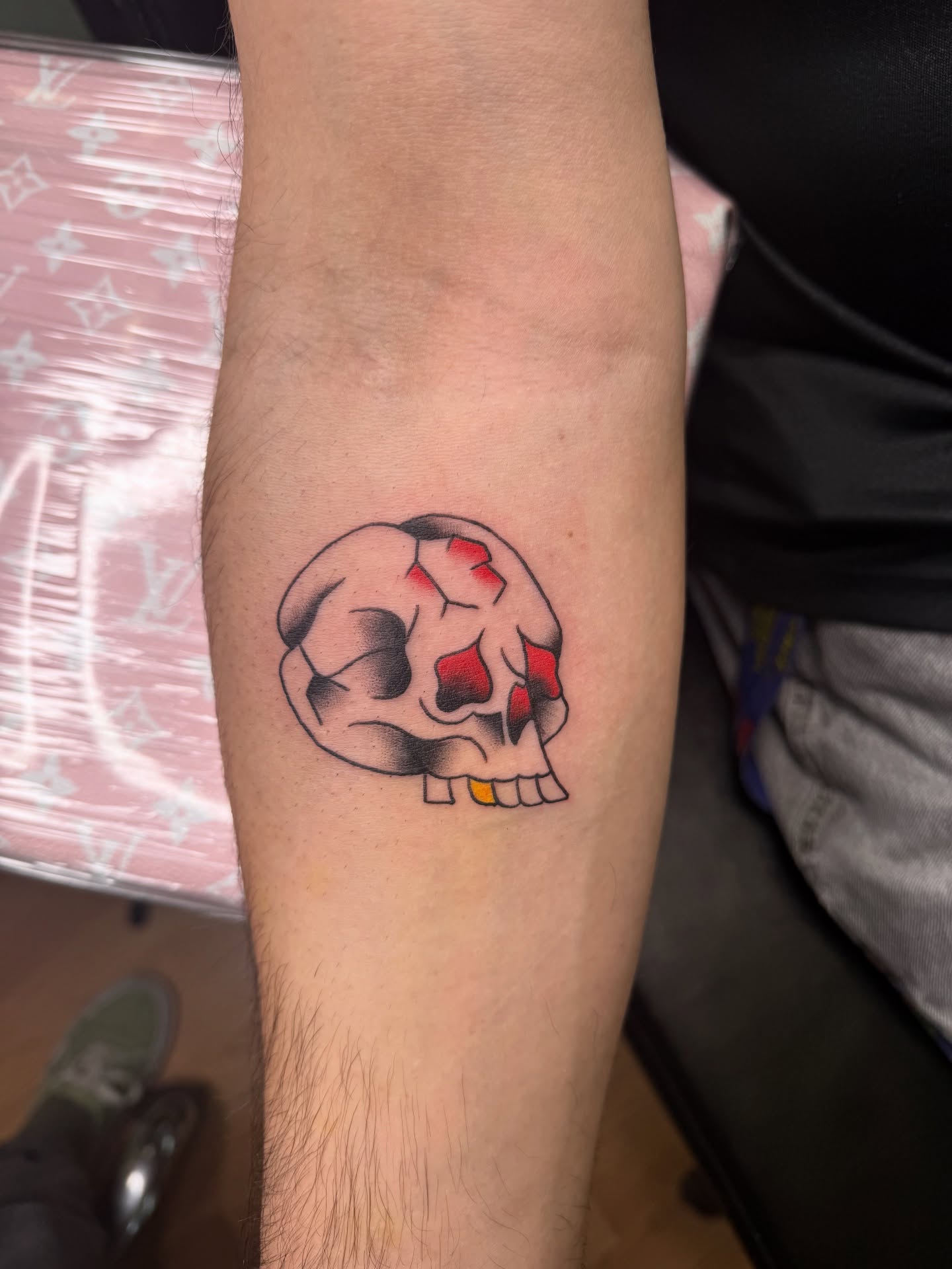 Skull American traditional tattoo on the forearm by Palmer Andrist🩸Fort Collins Tattoo Apprentice