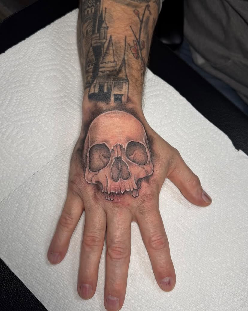 Skull realism tattoo on the hand by ✶ teryn ✶, Akron, Ohio