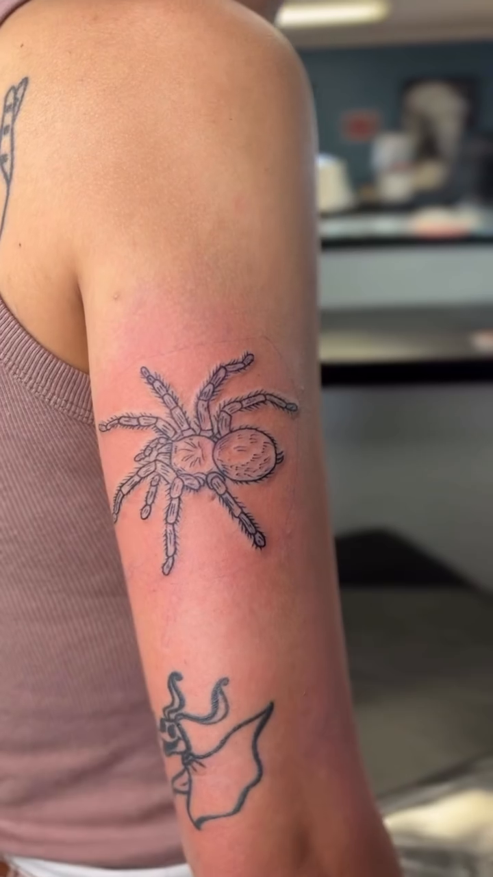 Spider and ghost fine line tattoo on the forearm by Jason Topliss