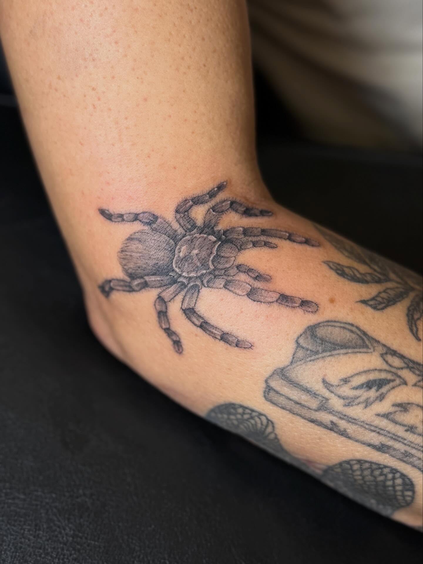 Spider black and grey tattoo on the forearm by Dre
