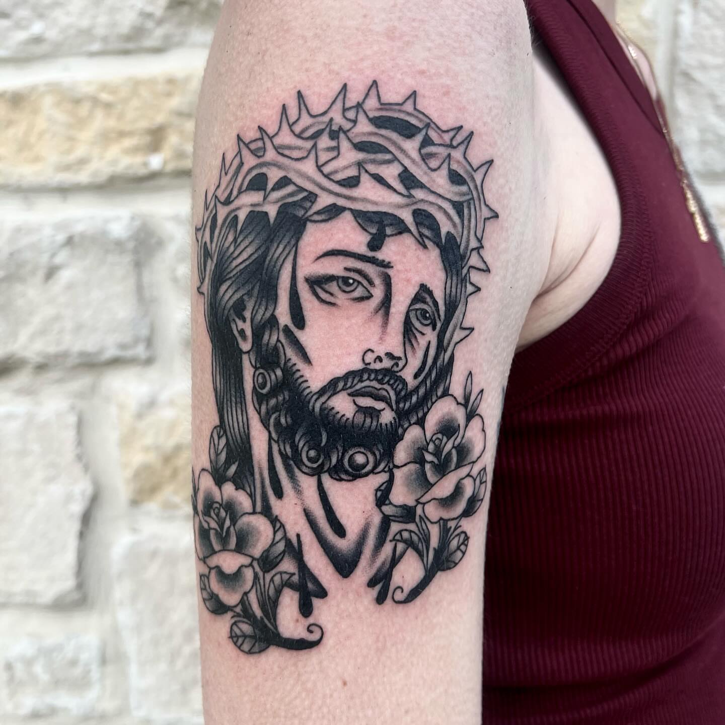 Jesus Christ realism tattoo on the forearm by Kahlan ⍟