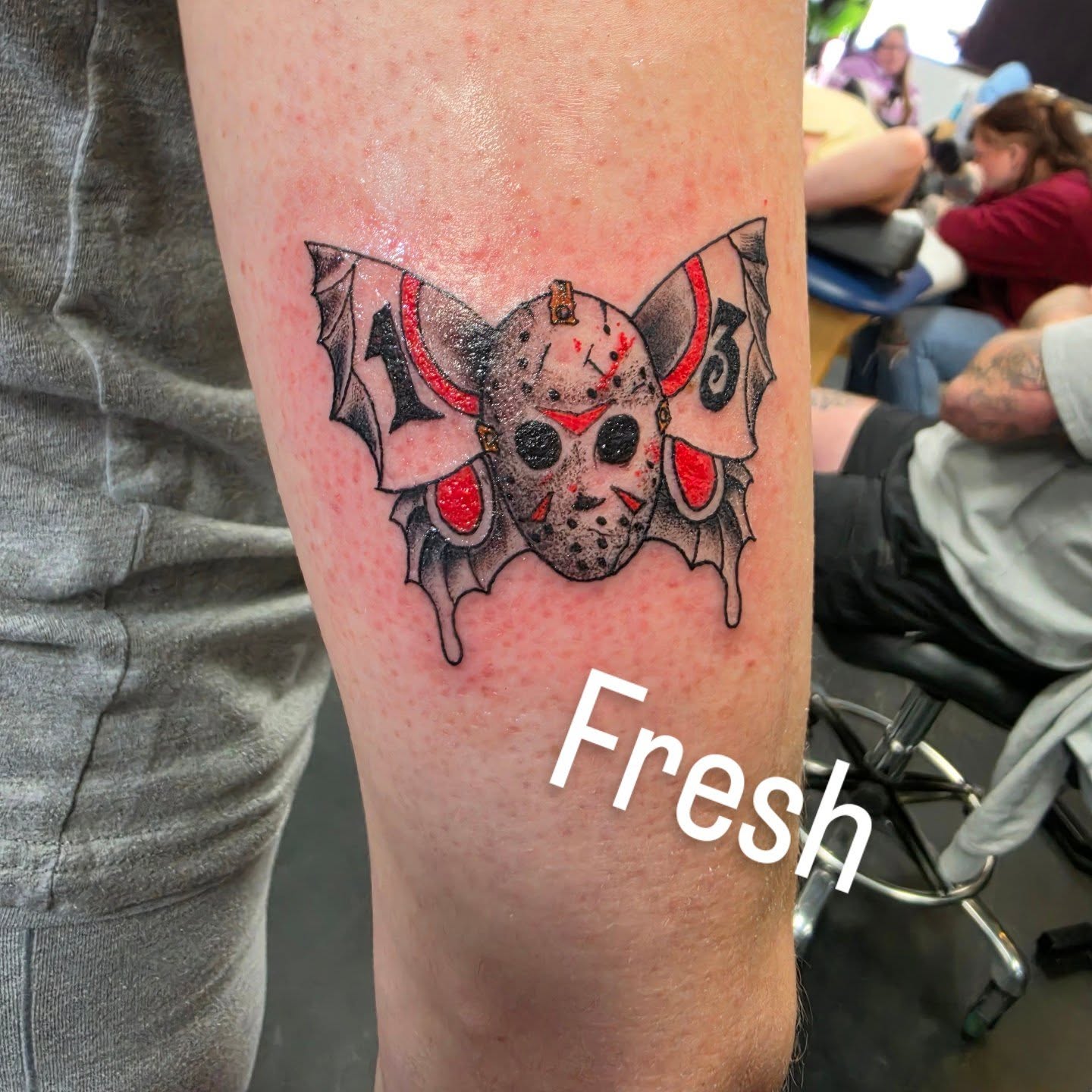 Jason voorhees mask dotwork tattoo on the forearm by Robert Glover