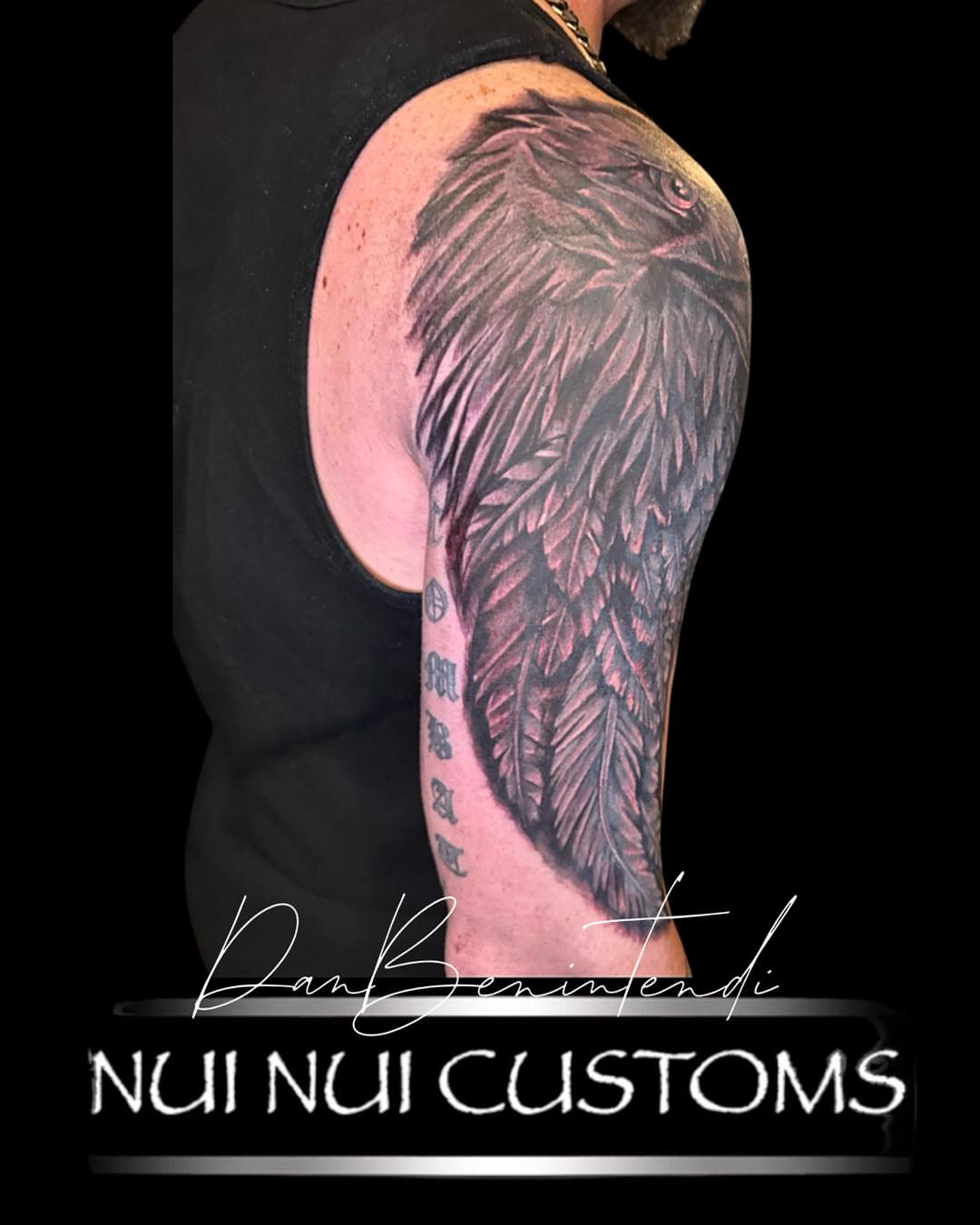 Eagle realism tattoo on the shoulder by Dan Benintendi l Polynesian Tattoo, Fort Worth, Texas