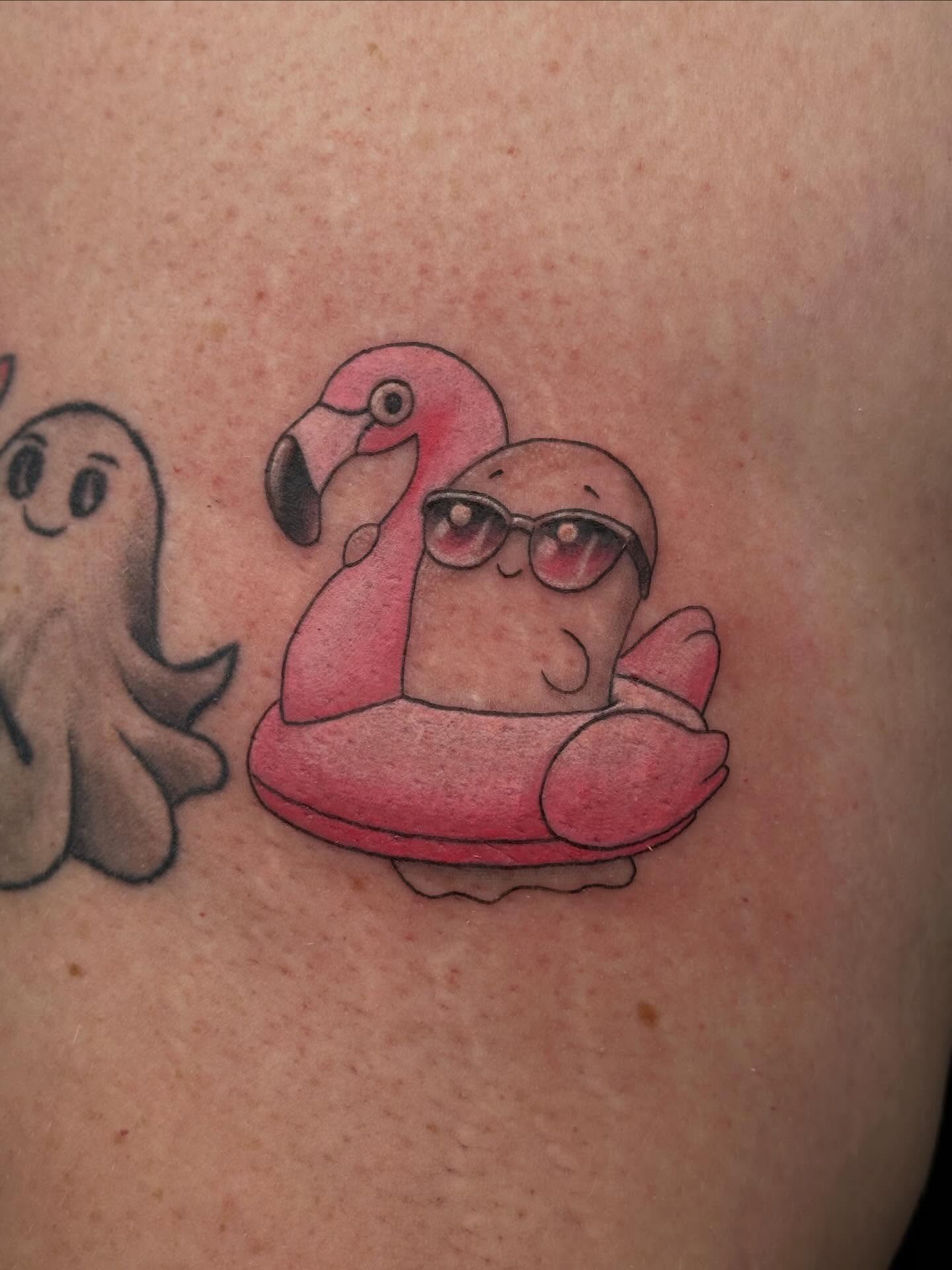 Flamingo with sunglasses new school tattoo on the shoulder by Winters Ashurst - St. George tattoo artist