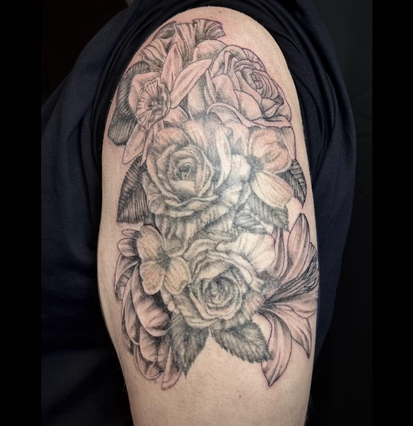 Flower bouquet black and grey tattoo on the shoulder by 🌜🔮✨Anya Casey✨🔮🌛
