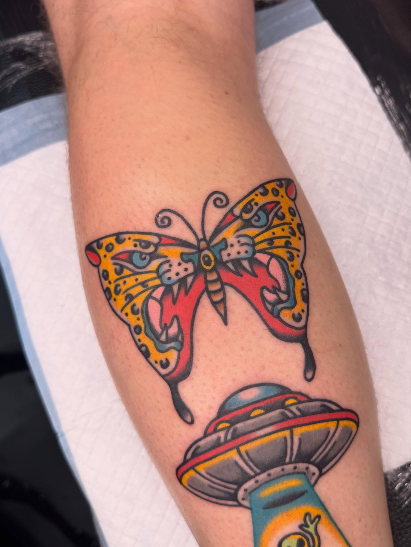 Butterfly American traditional tattoo on the forearm by Oldschool Tattooer