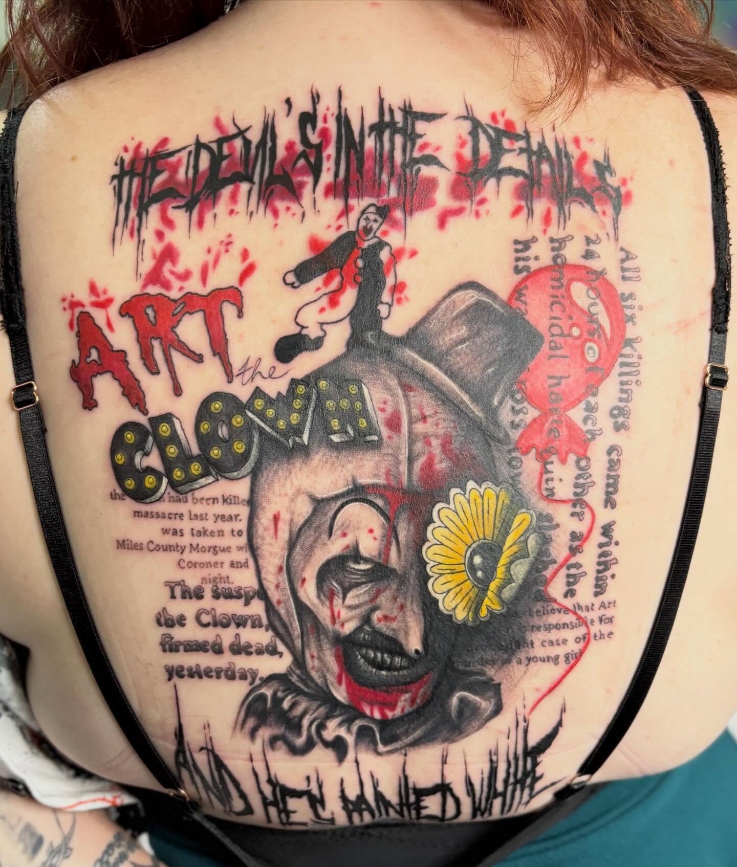 Clown dark realism tattoo on the back by Olivia Buch