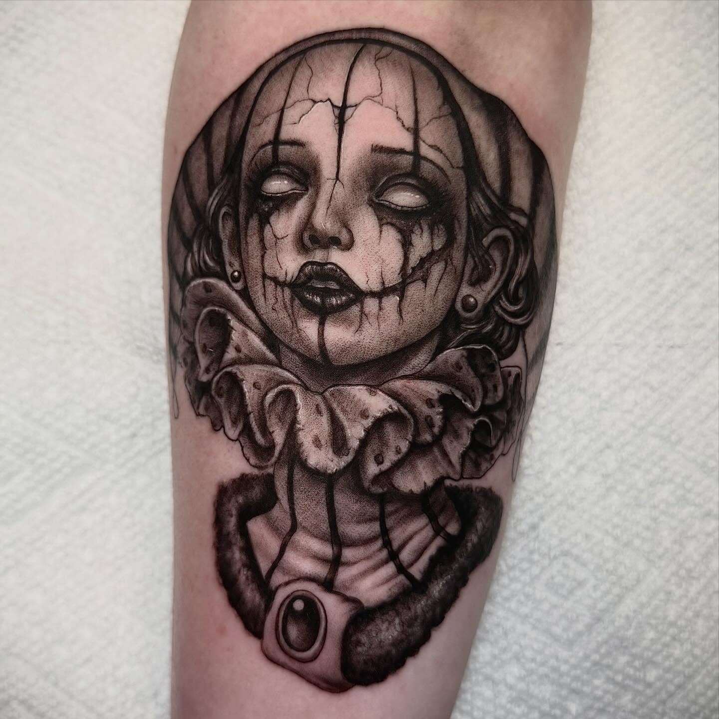 Clown head realism tattoo on the forearm by ⚡️Jay Cunliffe⚡️
