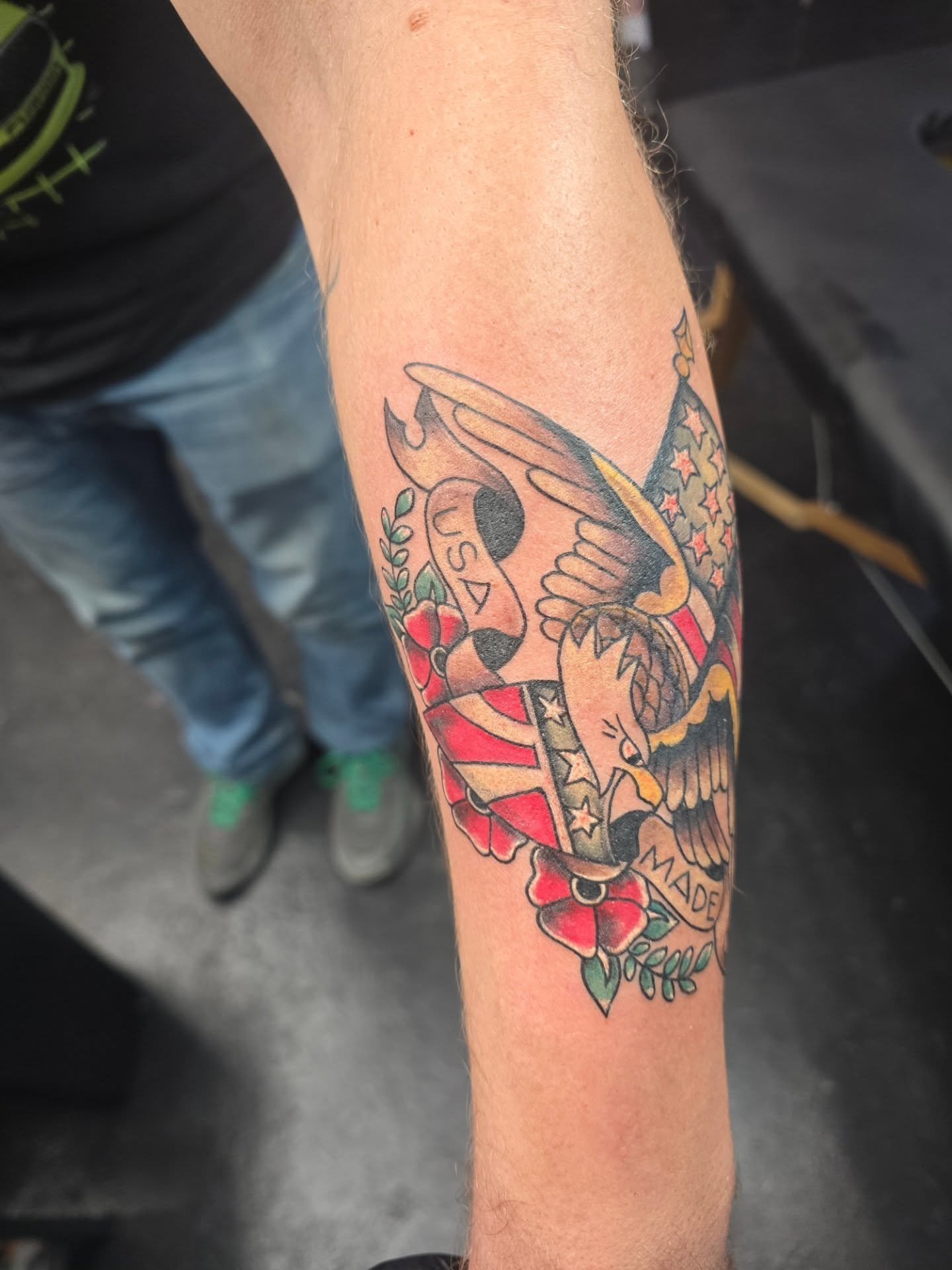 Eagle and flag American traditional tattoo on the forearm by Maddox Kitson🕷