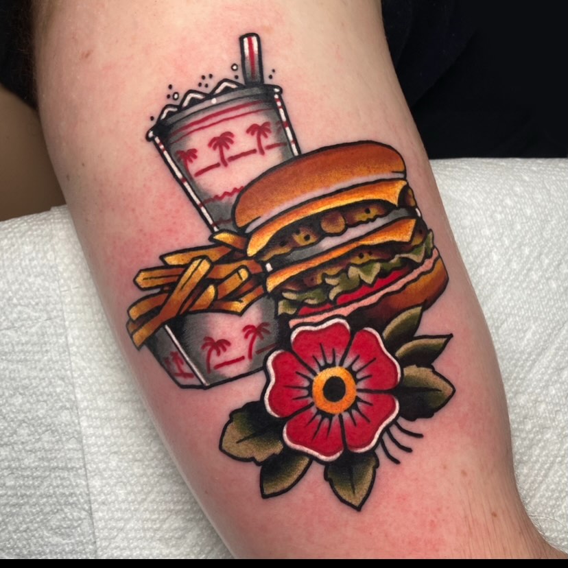 Fast food meal American traditional tattoo on the forearm by Matthew Limbers⚜️