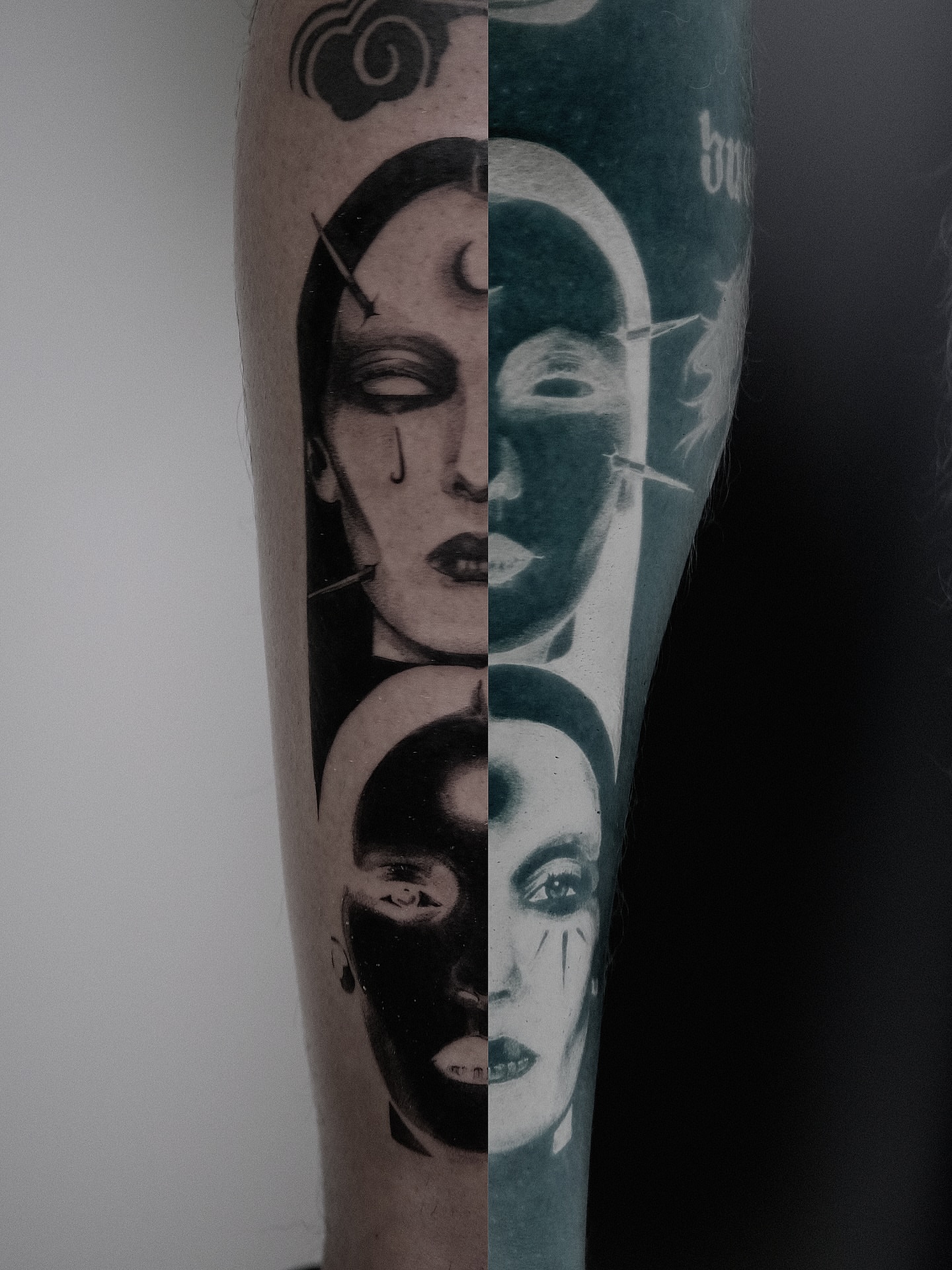 Mask dark realism tattoo on the forearm by Mané, Portland, Oregon