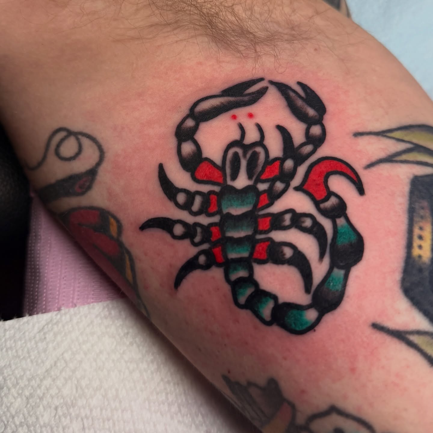 Scorpion American traditional tattoo on the forearm by Stevie Lowenstein, Cincinnati, Ohio
