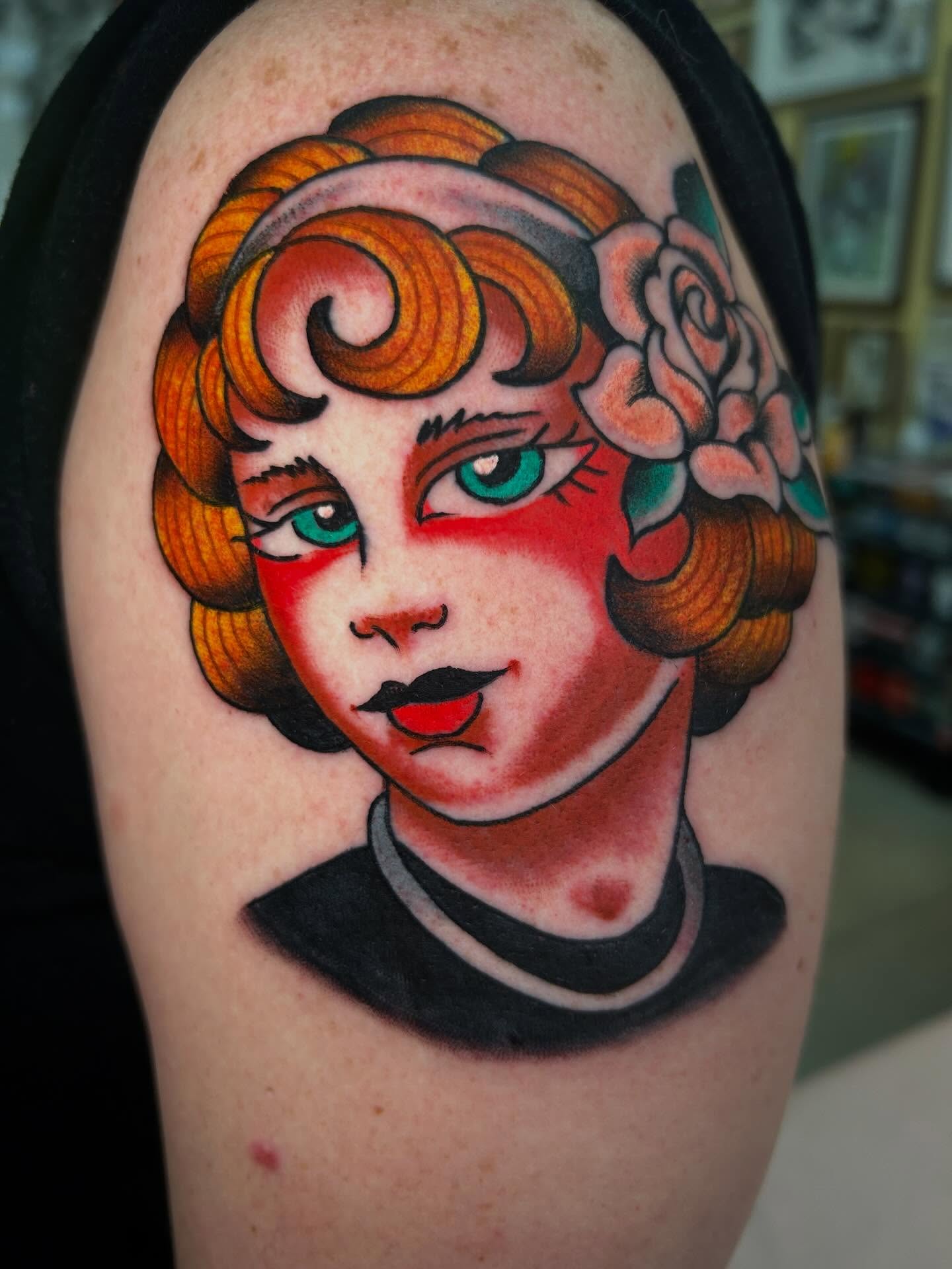 Flapper girl American traditional tattoo on the shoulder by Katie Dexter, Des Moines, Iowa