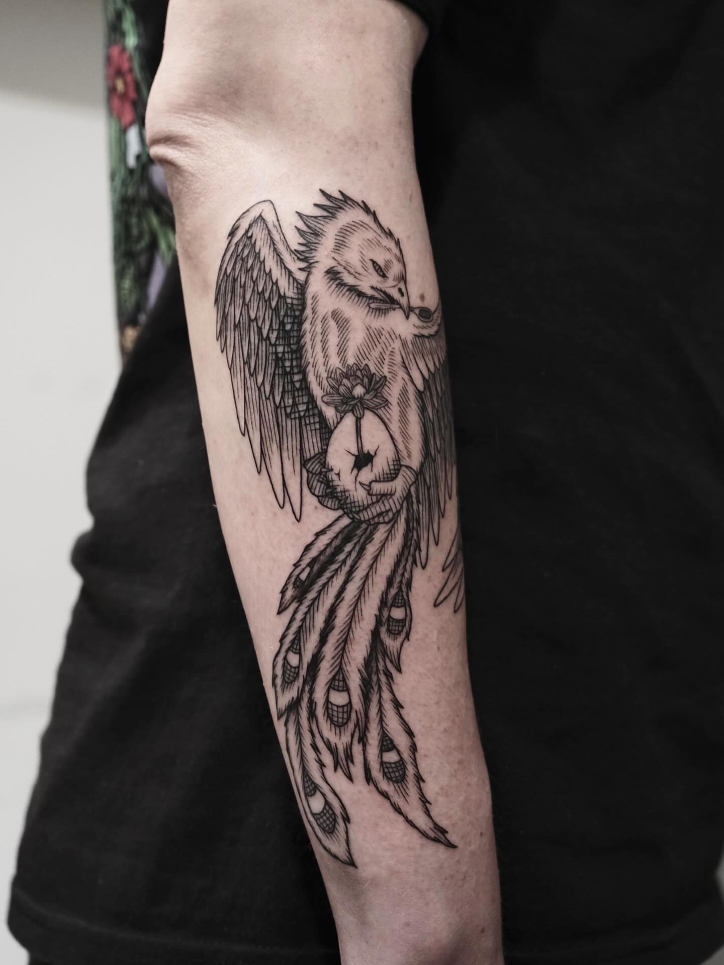 Phoenix black and grey tattoo on the forearm by Peter(피터)