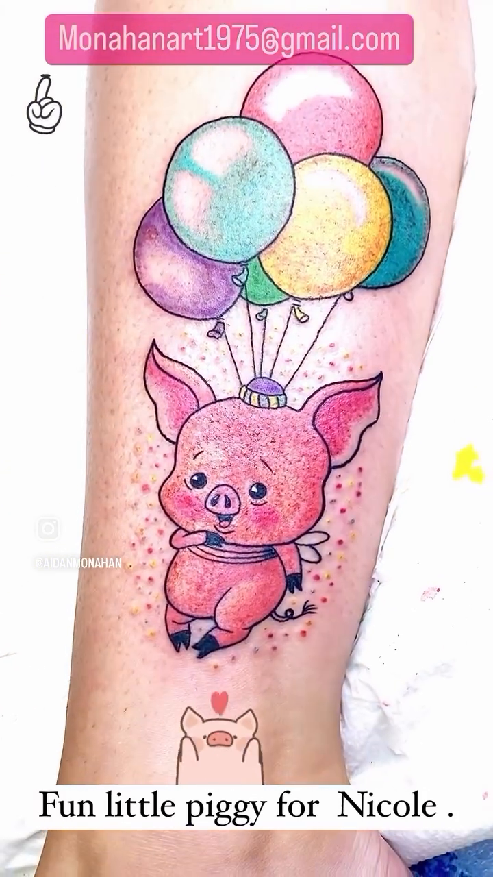 Pig with balloons new school tattoo by Aidan Monahan Tattoo