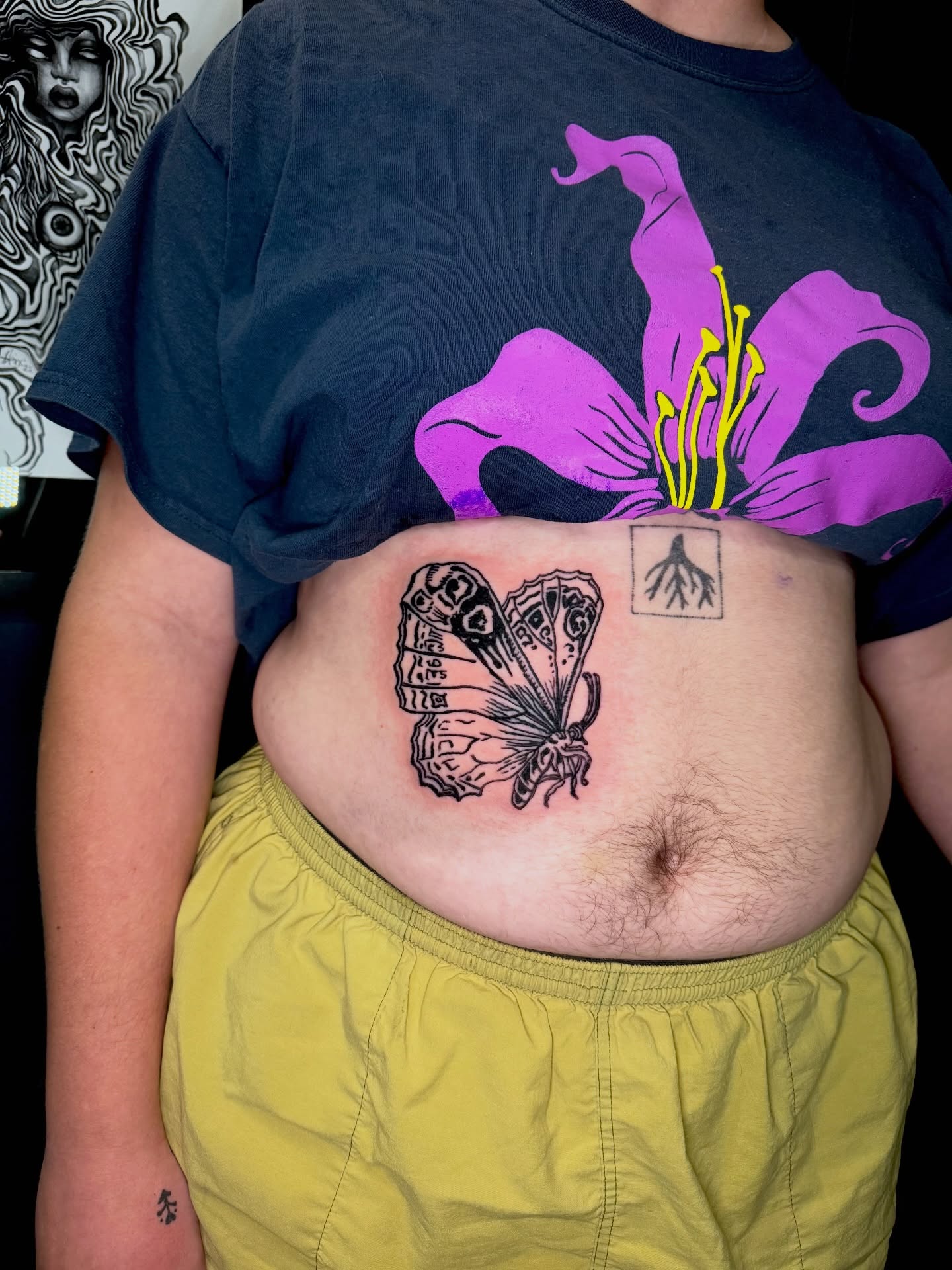 Butterfly black and grey tattoo on the torso by Noah Vincent Tattoo, Vancouver, Washington