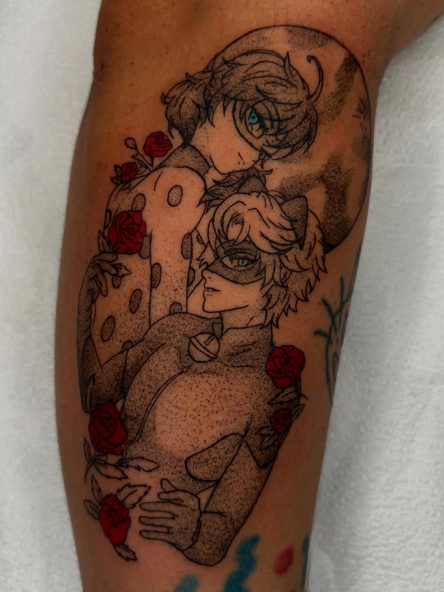 Anime couple dotwork tattoo on the forearm by mia aka chuu (◕ ˬ ◕ ✿)