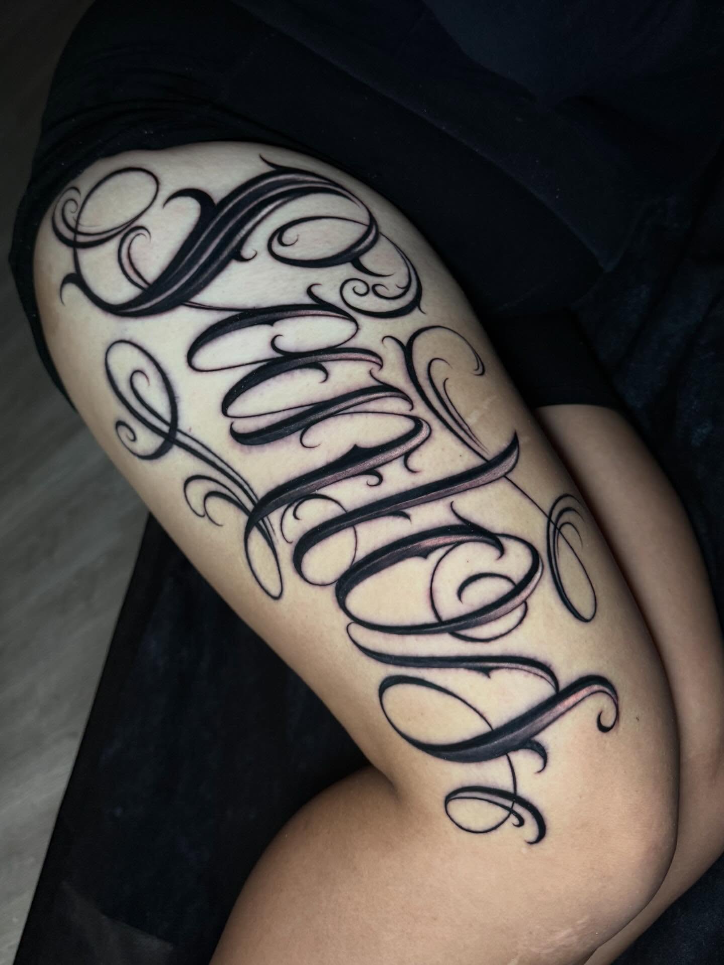 Script lettering lettering script tattoo on the thigh by Summer Rain