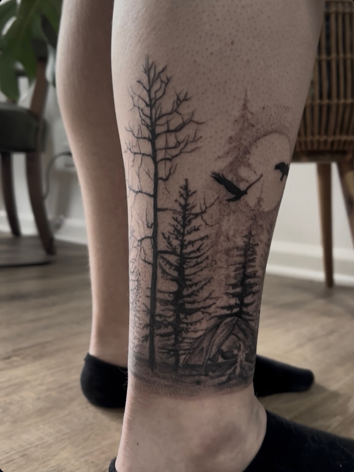 Forest scene realism tattoo on the calf by Allexis