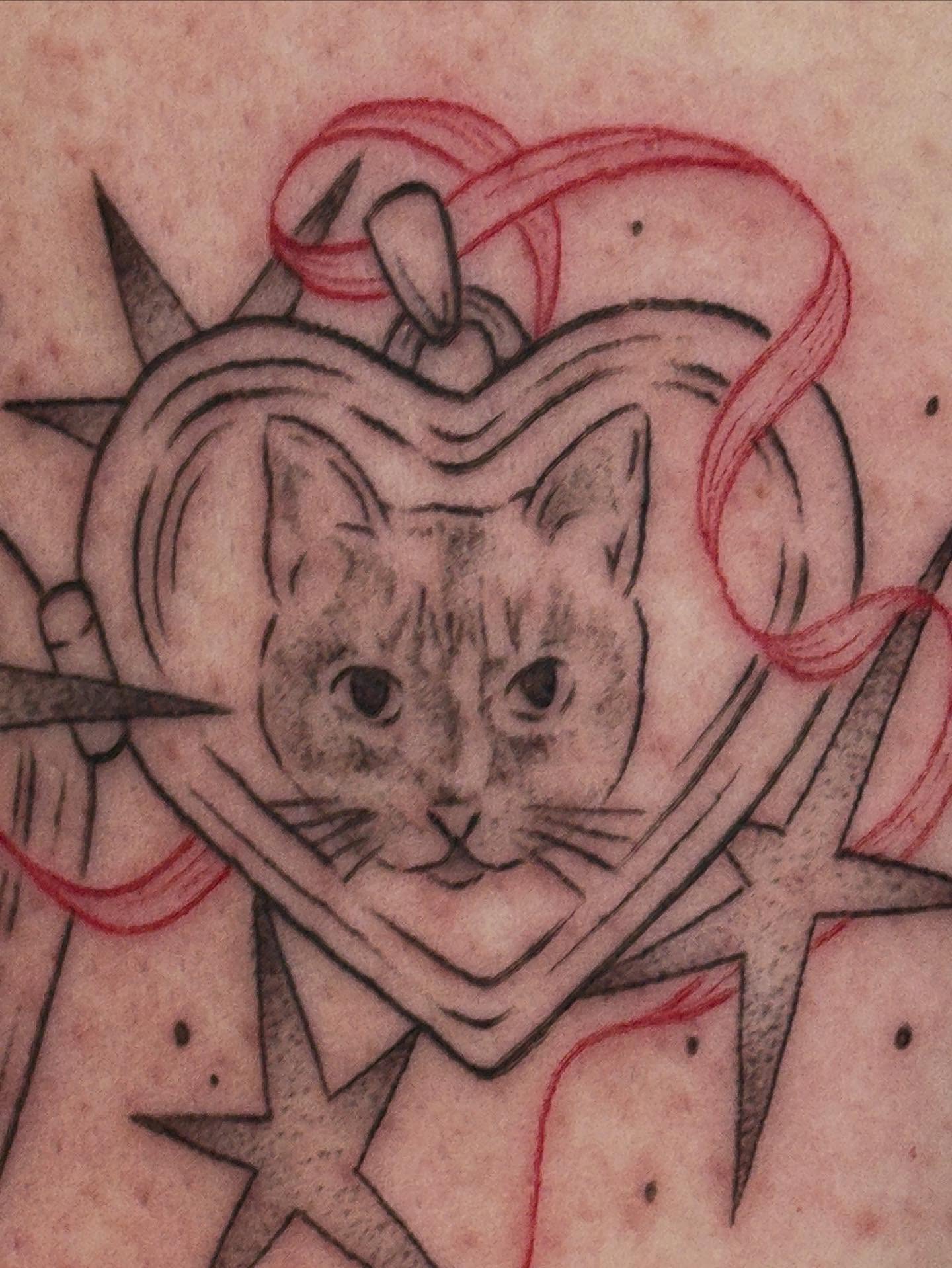 Cat American traditional tattoo on the chest by gabrielle rosemary ποΈ