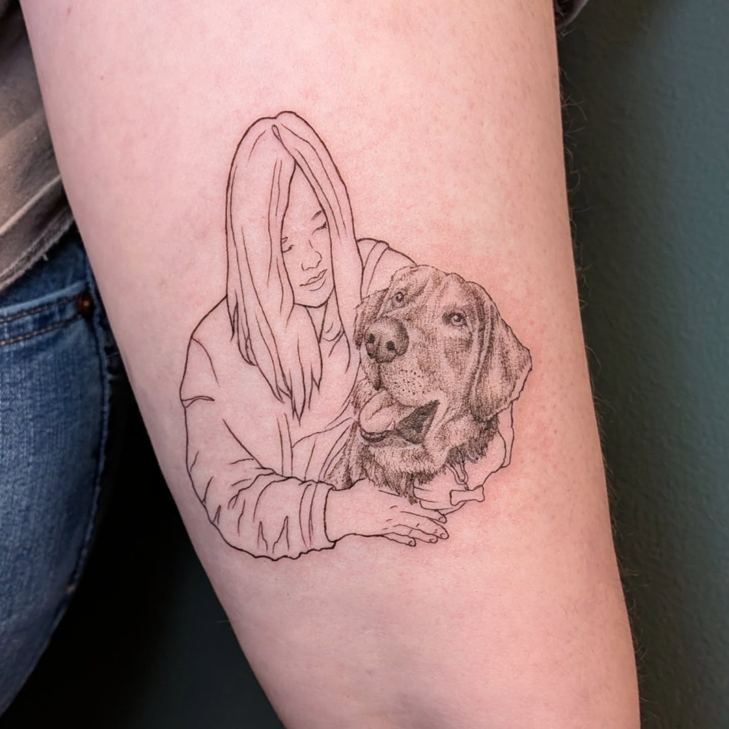 Woman and dog realism tattoo on the forearm by L U C y, Knoxville, Tennessee