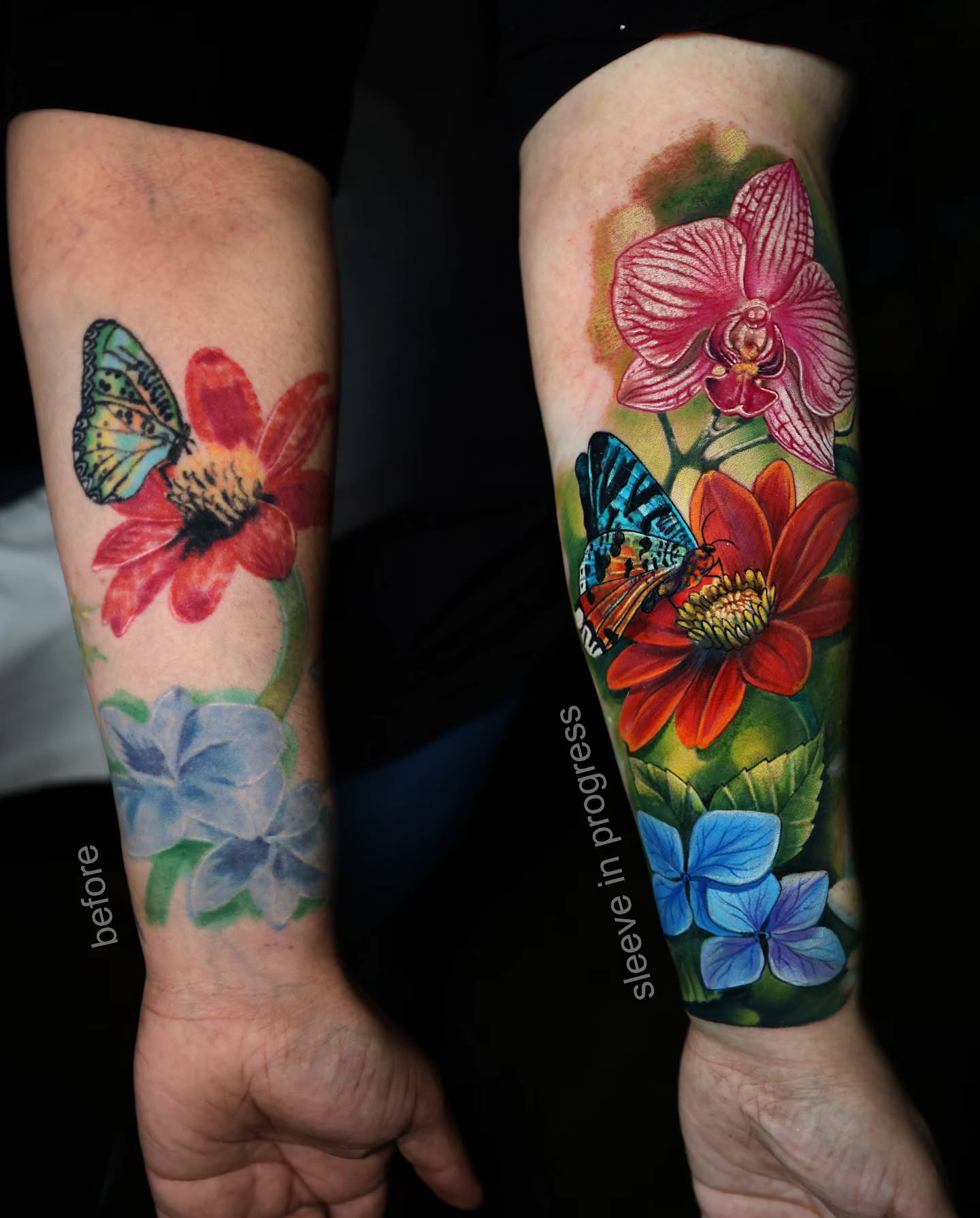 Flowers and butterflies watercolor tattoo on the forearm by Marek Pawlik