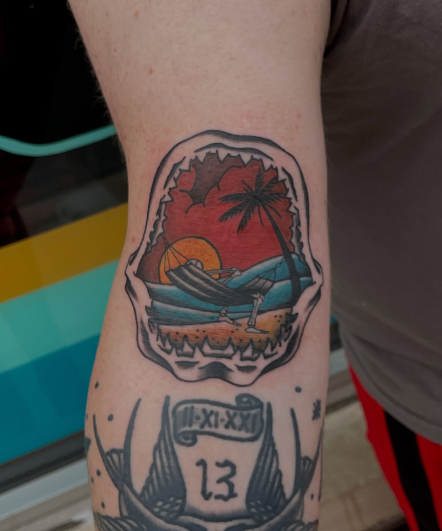 Beach scene American traditional tattoo on the forearm by Patrick Miller, Huber Heights, Ohio