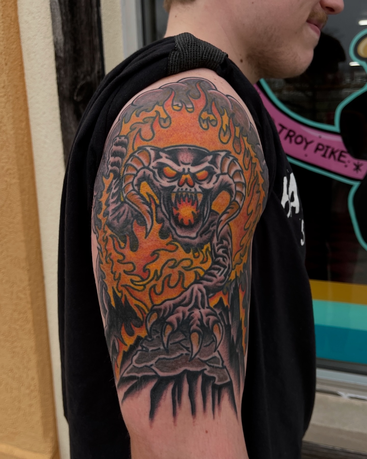 Flaming skull American traditional tattoo on the forearm by Patrick Miller, Huber Heights, Ohio