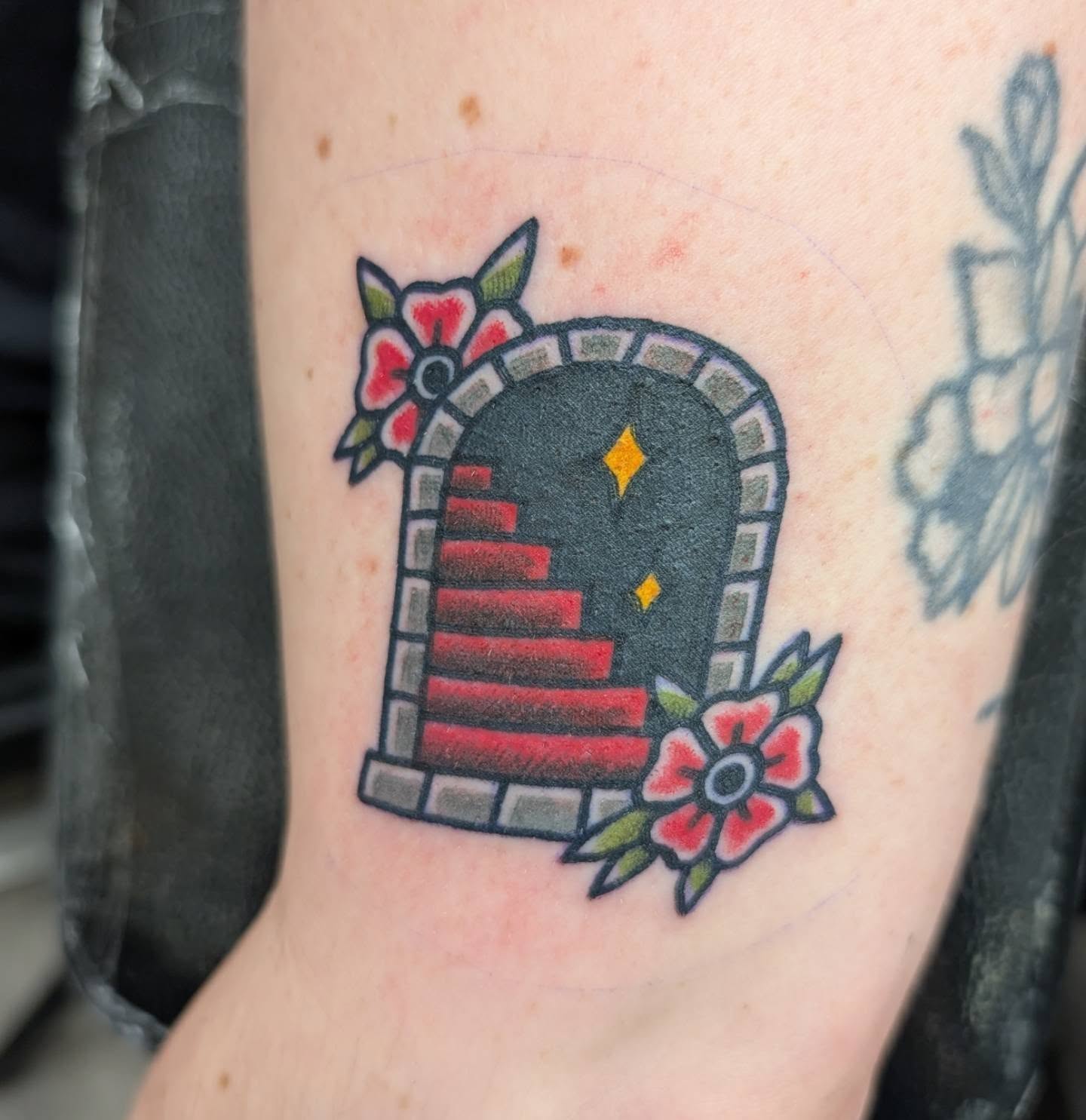Stairway portal American traditional tattoo on the forearm by Erik O'Steen, Medford, Massachusetts