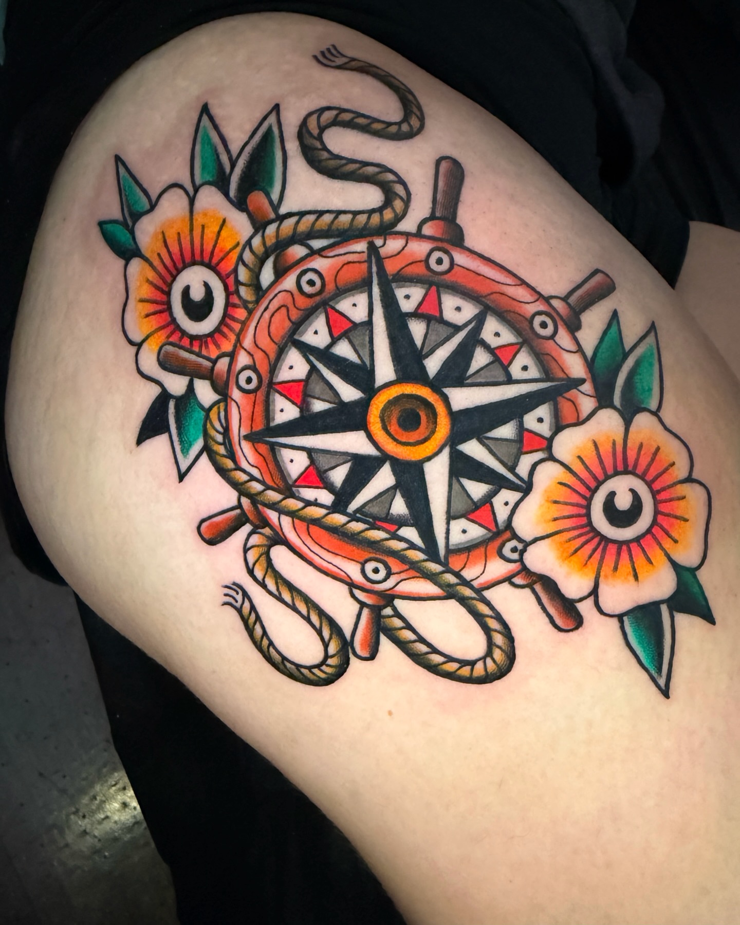 Compass and rope American traditional tattoo by R e N O T