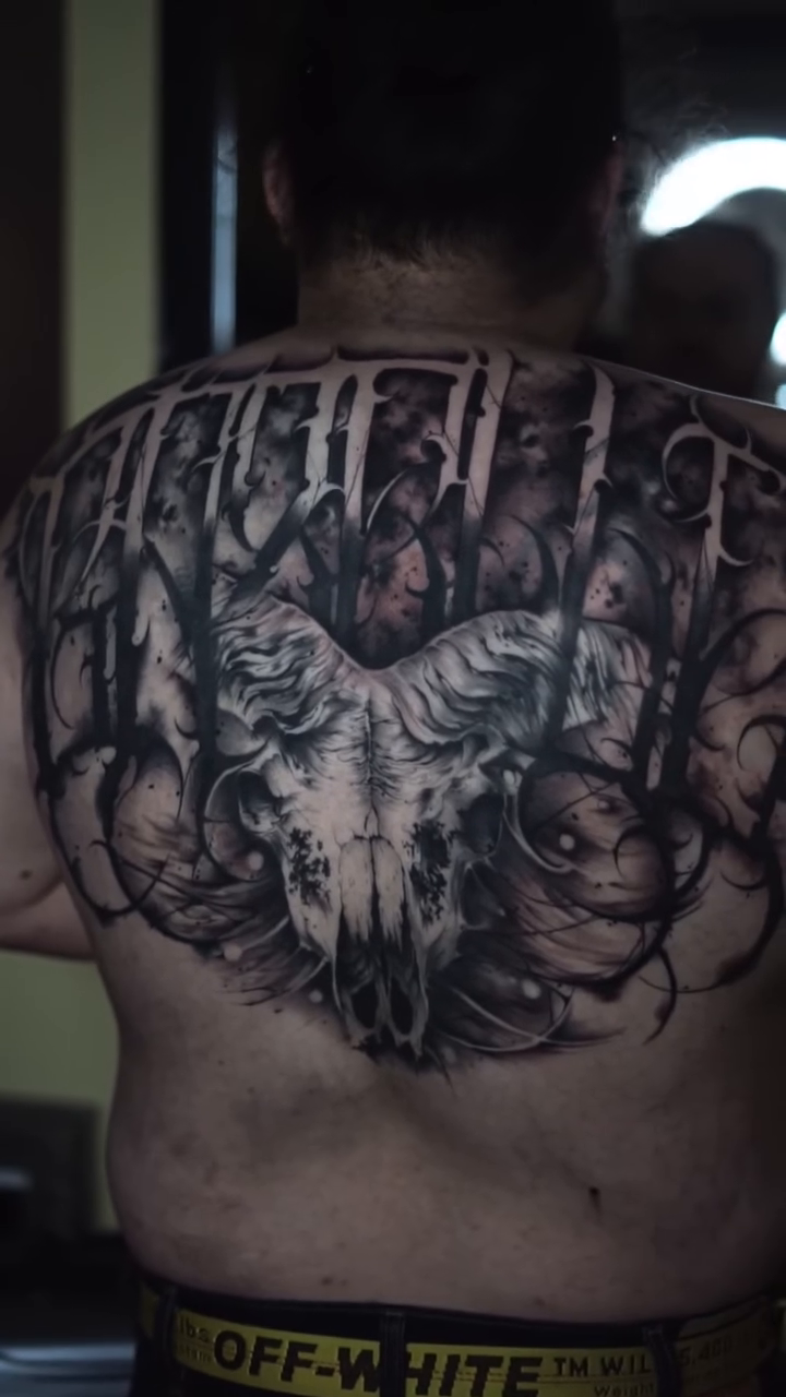 Ram skull with abstract elements dark realism tattoo by Daniel Gonzalez