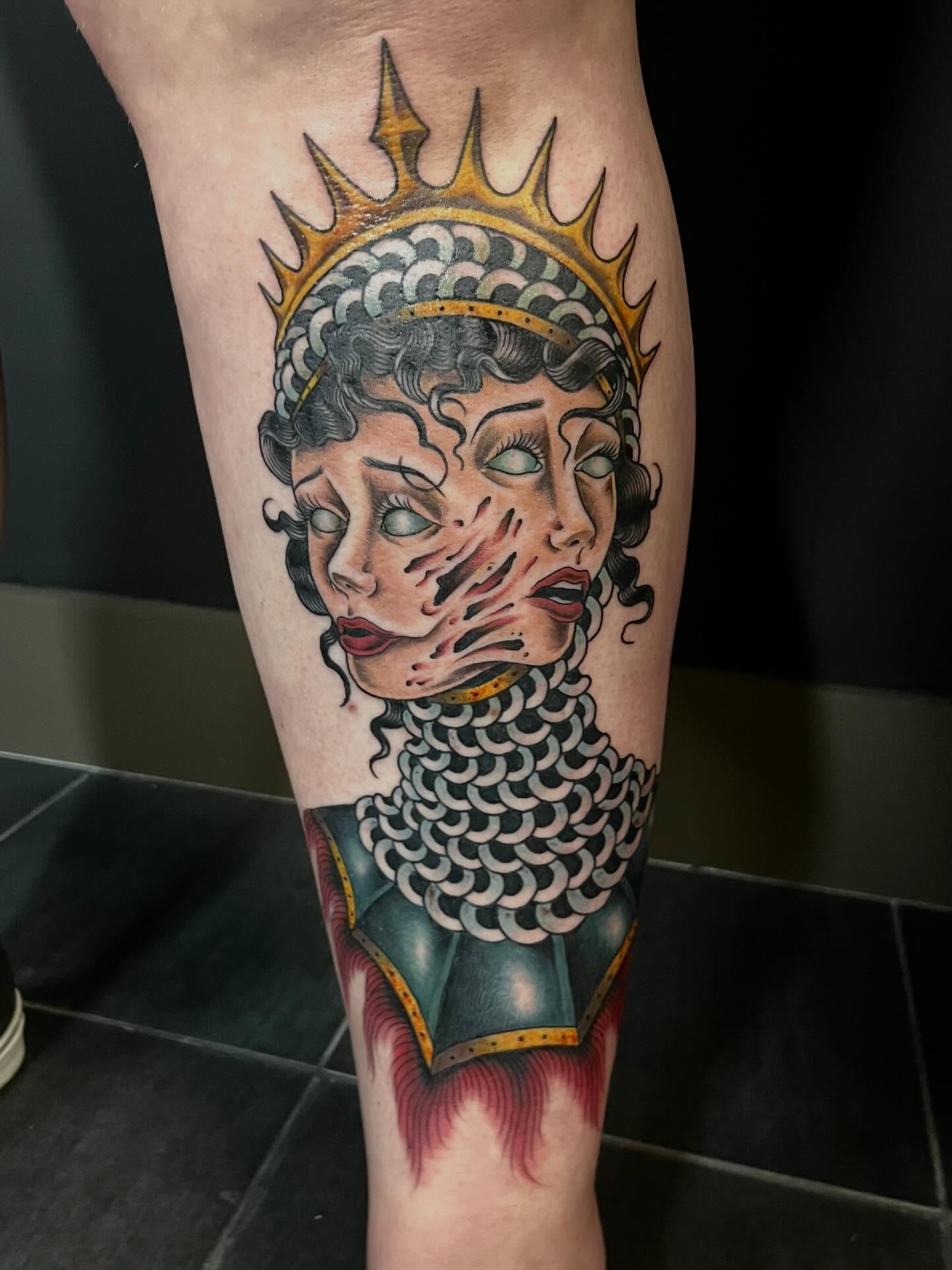 Woman with crown American traditional tattoo on the forearm by Allie Tippets, Gilbert, Arizona