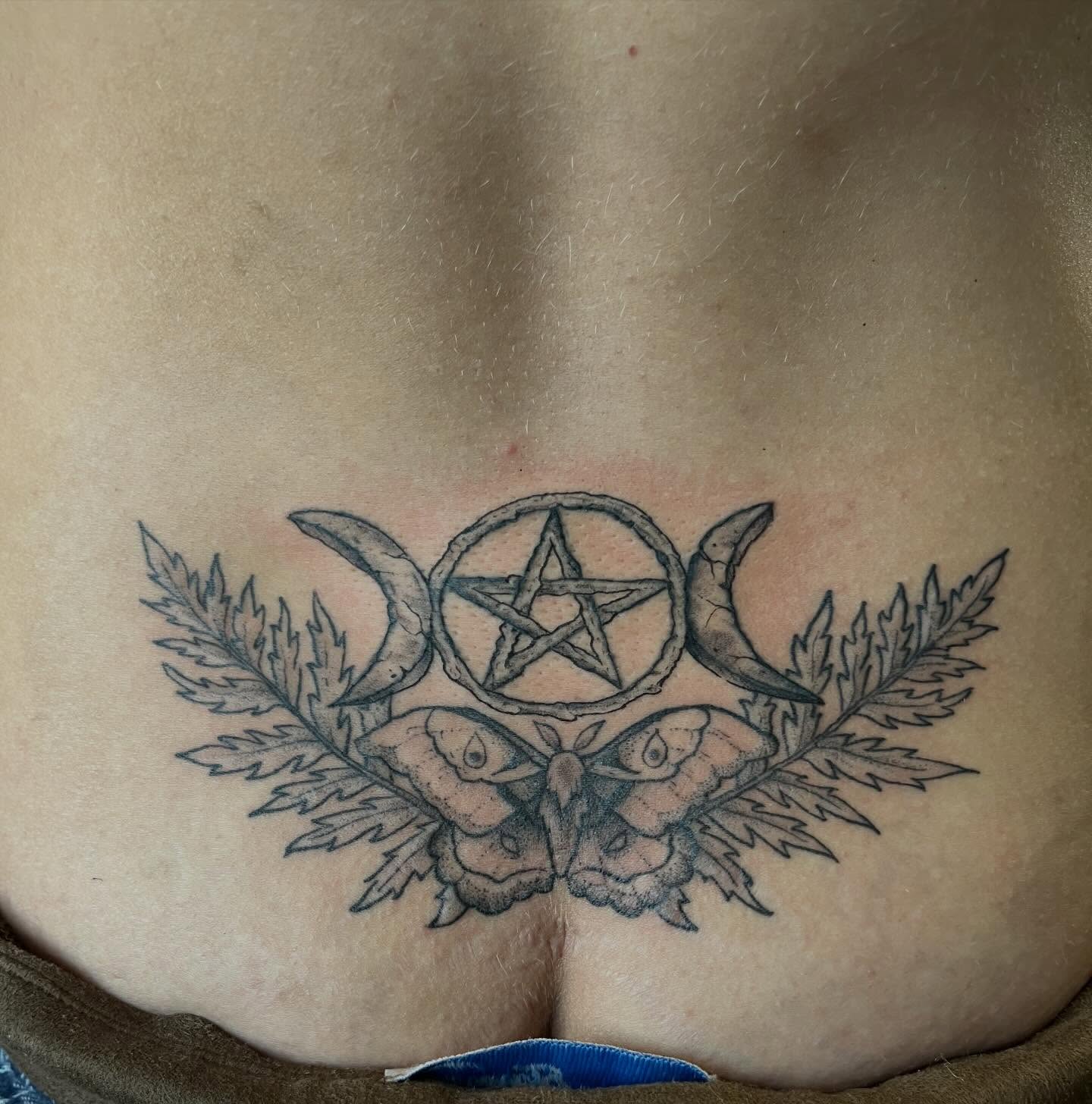 Moth and pentagram black and grey tattoo on the torso by Vincent Espinoza, Eugene, Oregon