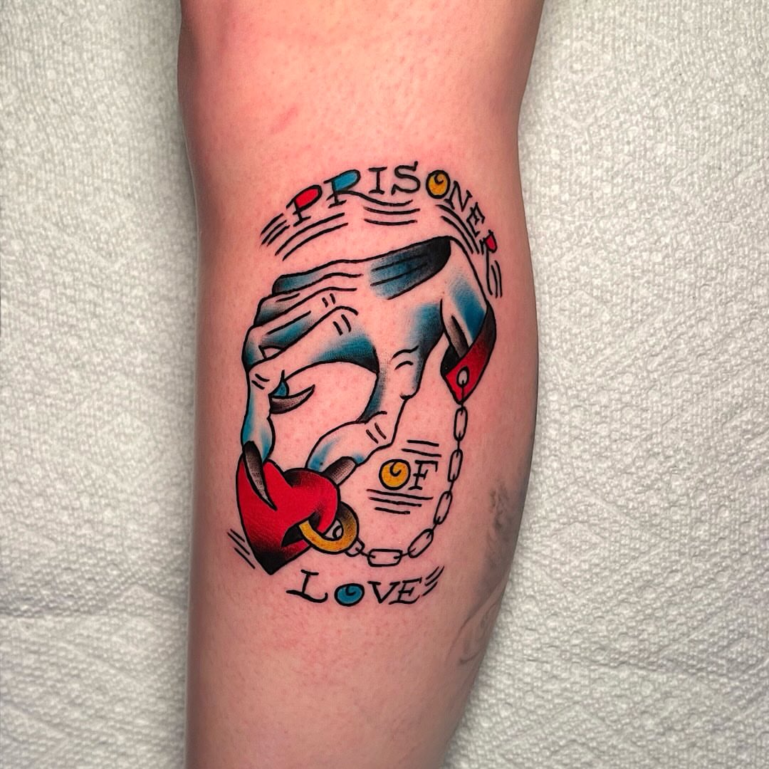 Prisoner of love American traditional tattoo on the forearm by Brooke Kresco