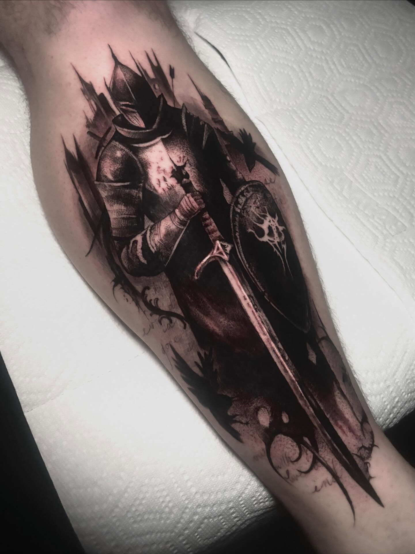 Knight with sword realism tattoo on the forearm by Alle