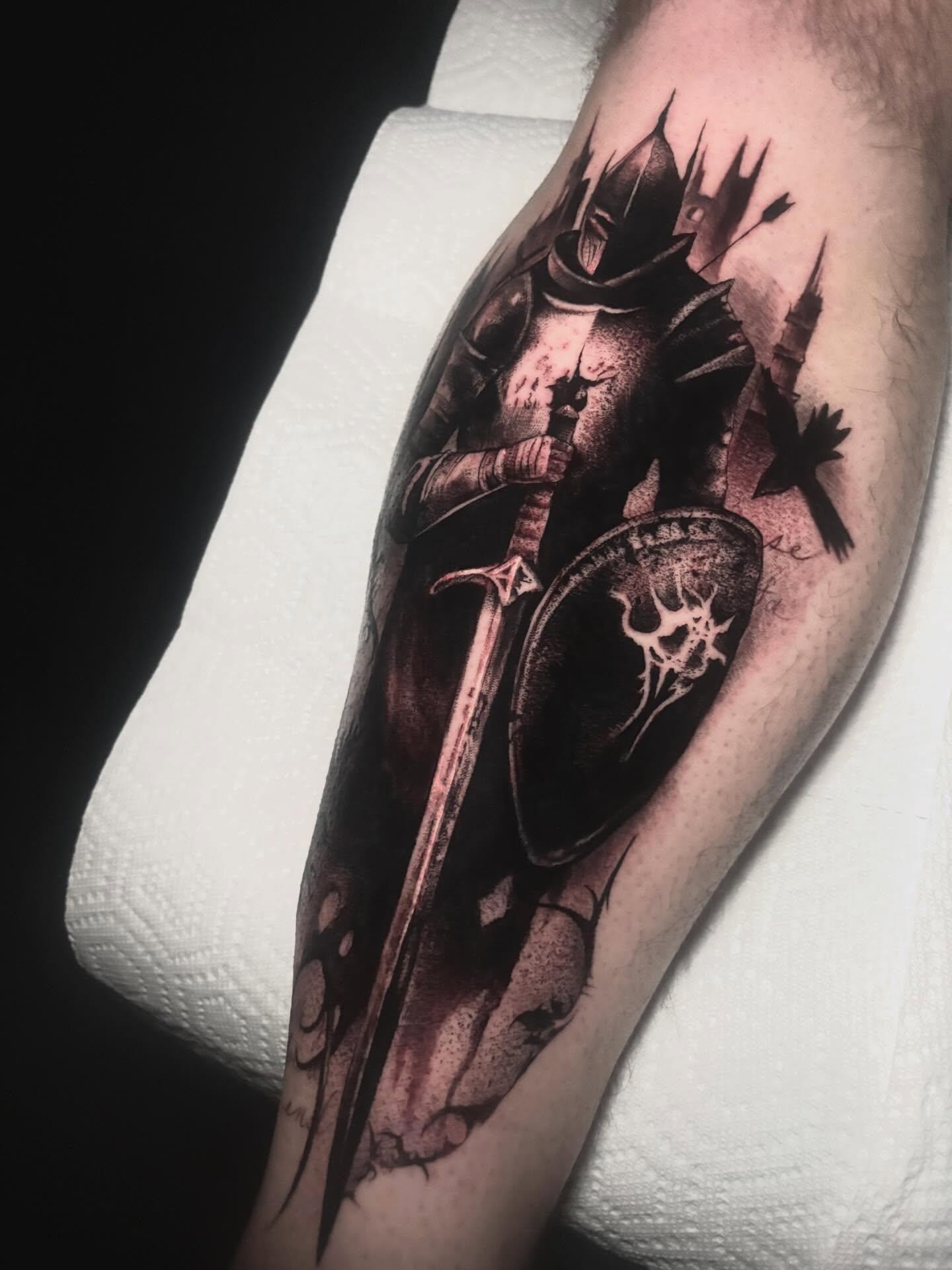 Knight realism tattoo on the forearm by Alle