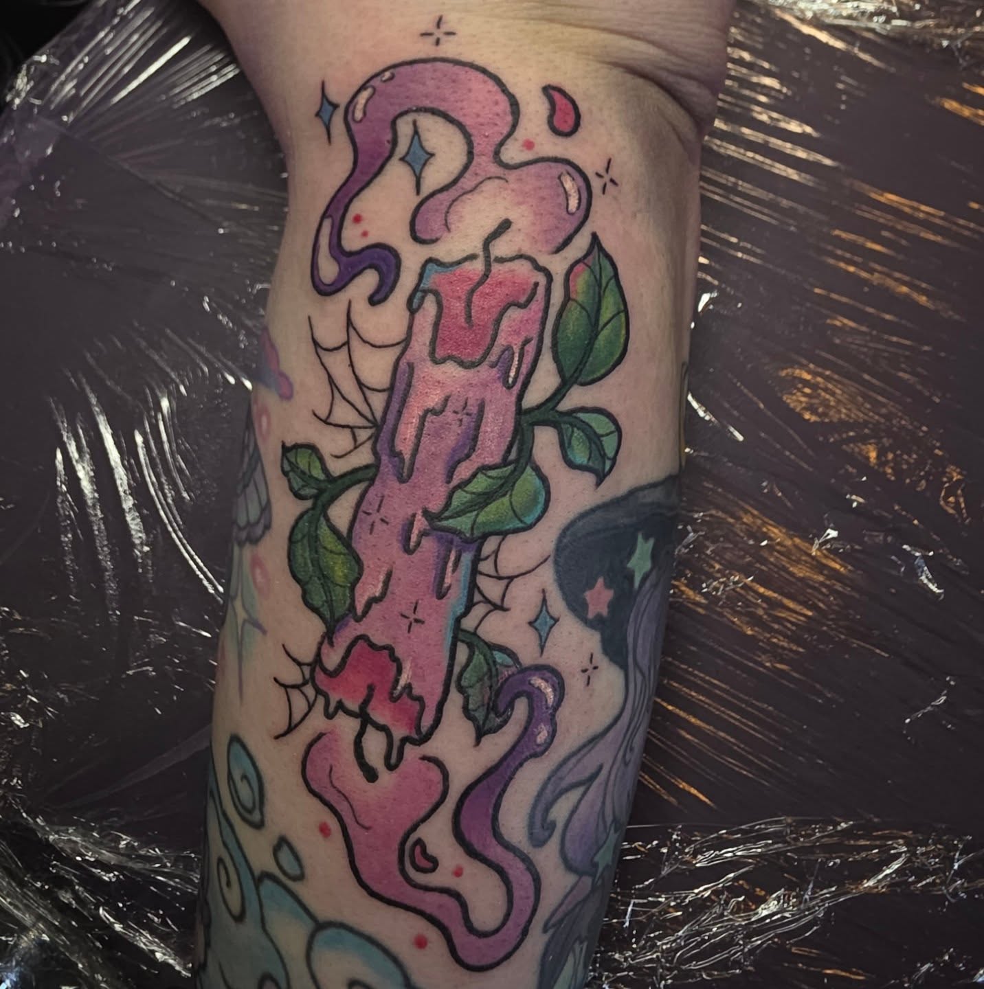 Candle new school tattoo on the forearm by Kayla Williams