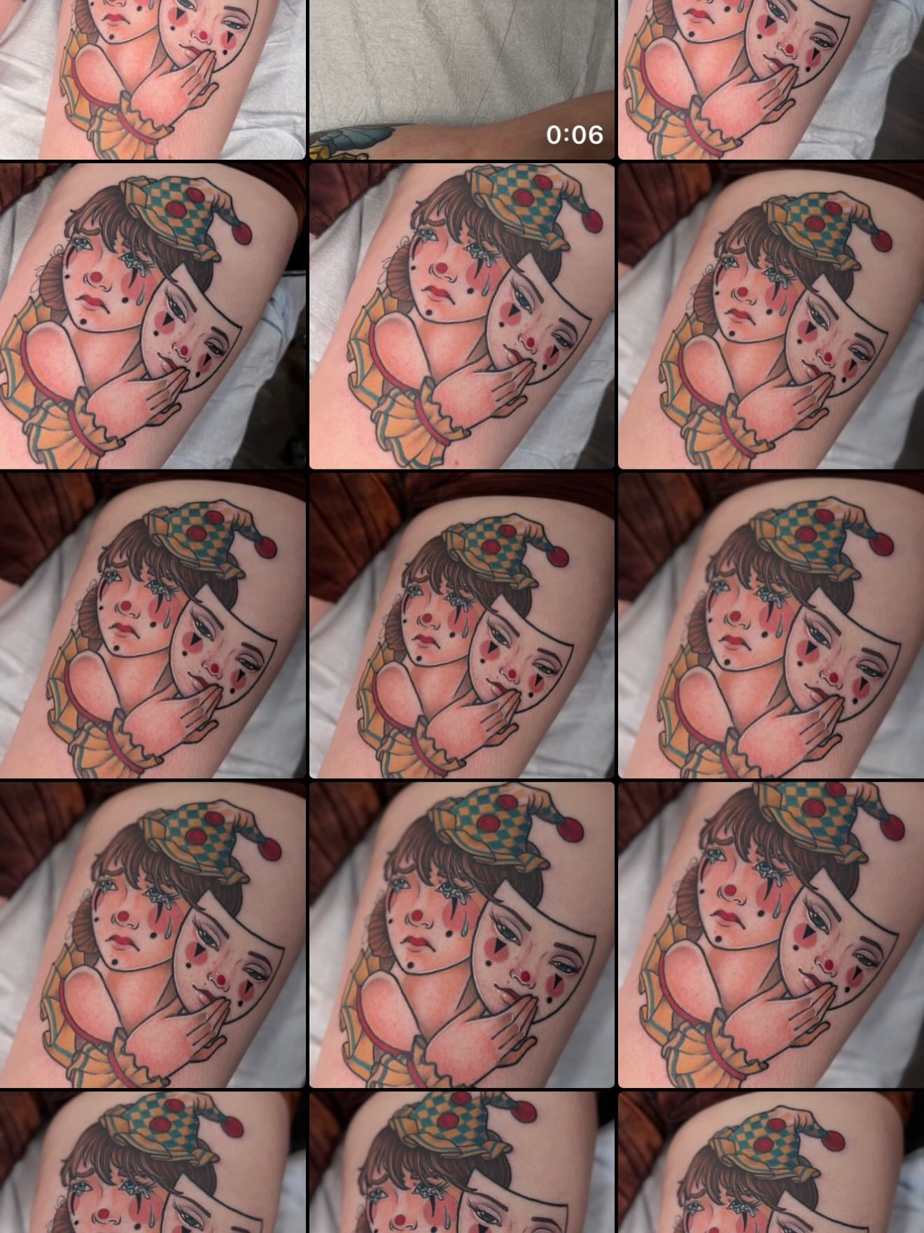 Clowns American traditional tattoo on the thigh by 🦋ｊｅｓｓｉｃａ  f  o  x🦋, Nashville, Tennessee