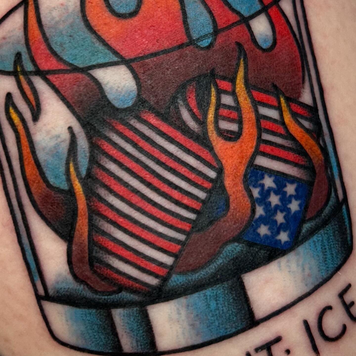 American flag American traditional tattoo on the chest by Kelsey Lyons