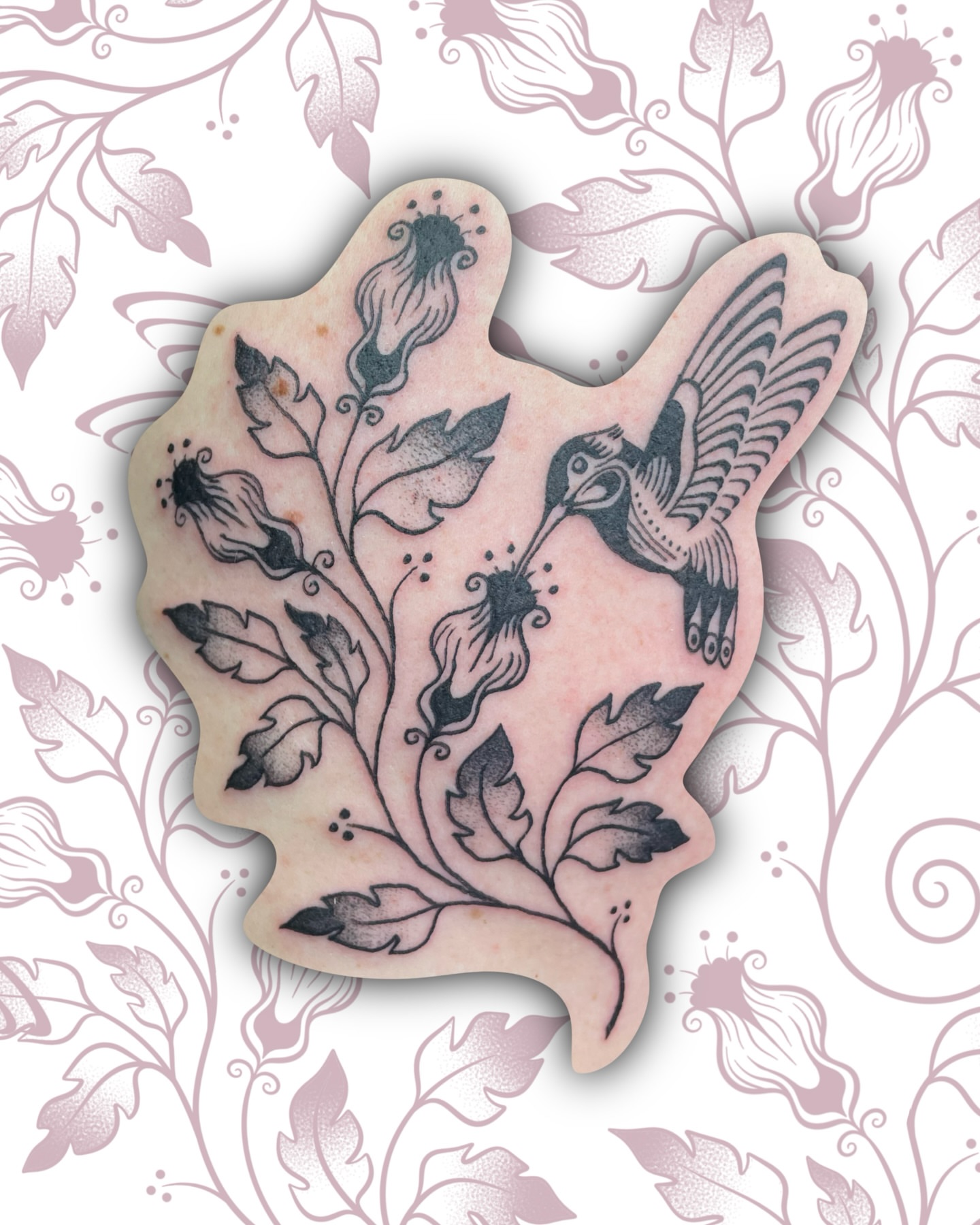 Hummingbird and flowers black and grey tattoo by Sydney “Goose “ Lange