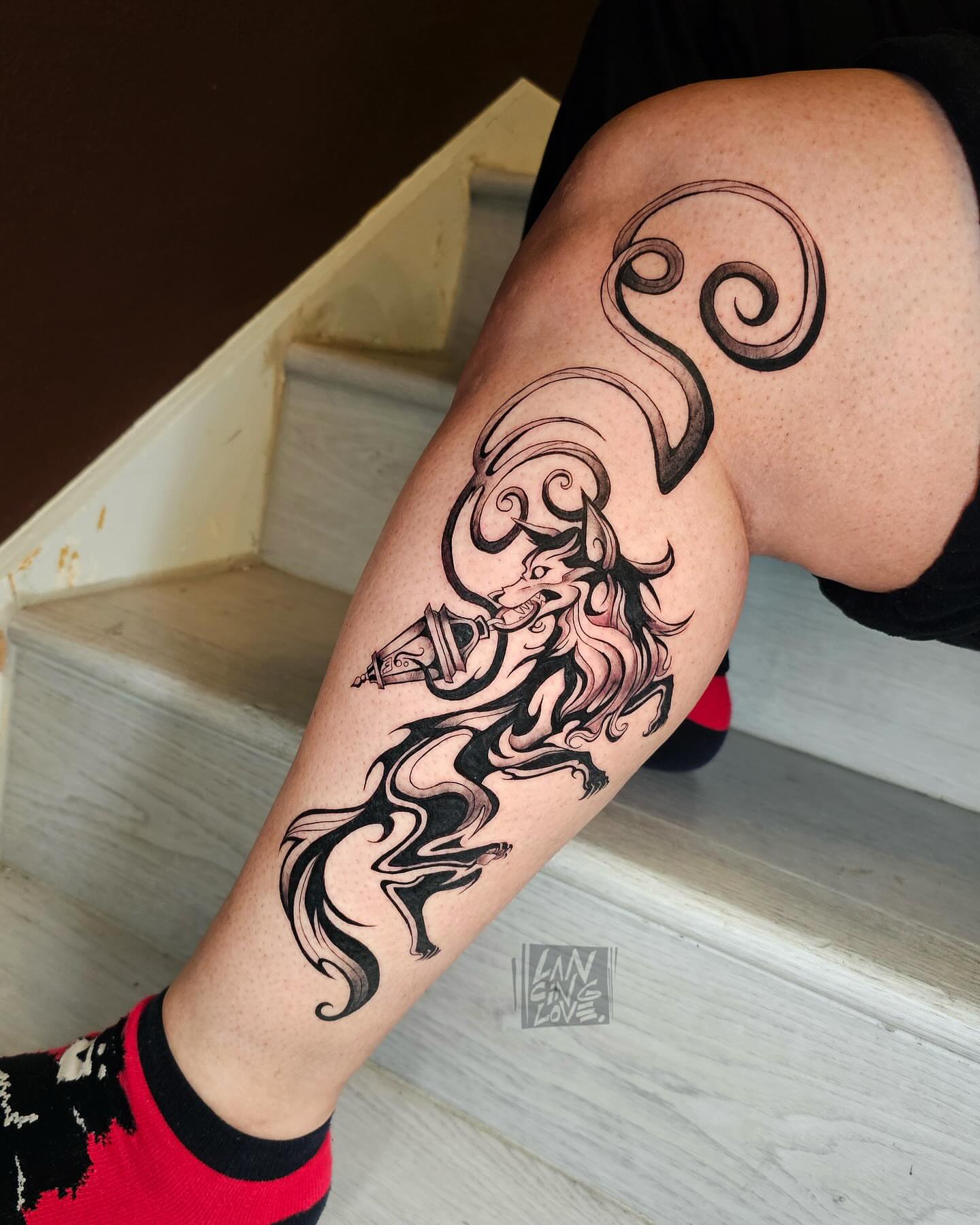 Unicorn black and grey tattoo on the forearm by Lancinglove