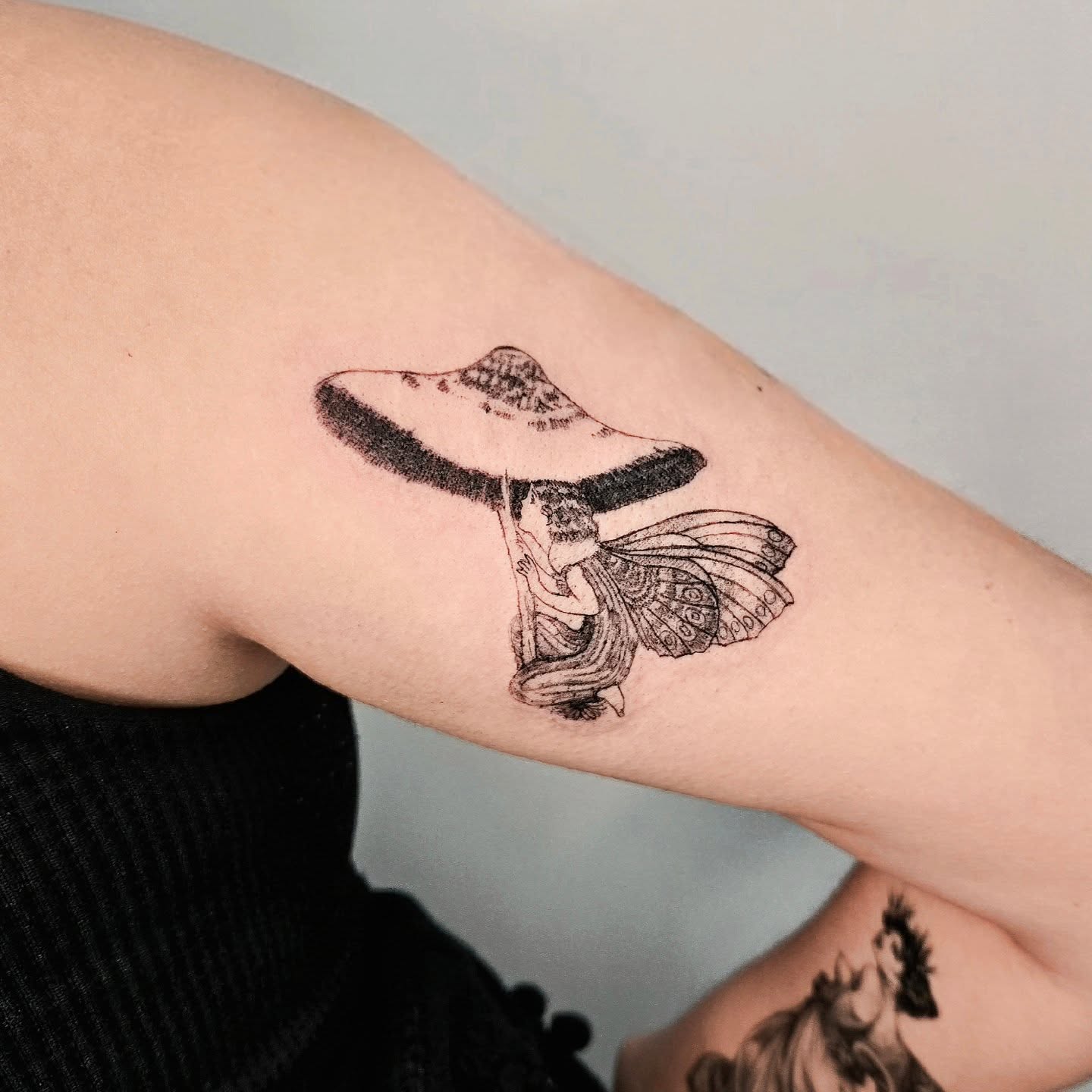 Mushroom fairy realism tattoo on the forearm by Vintage tattoo