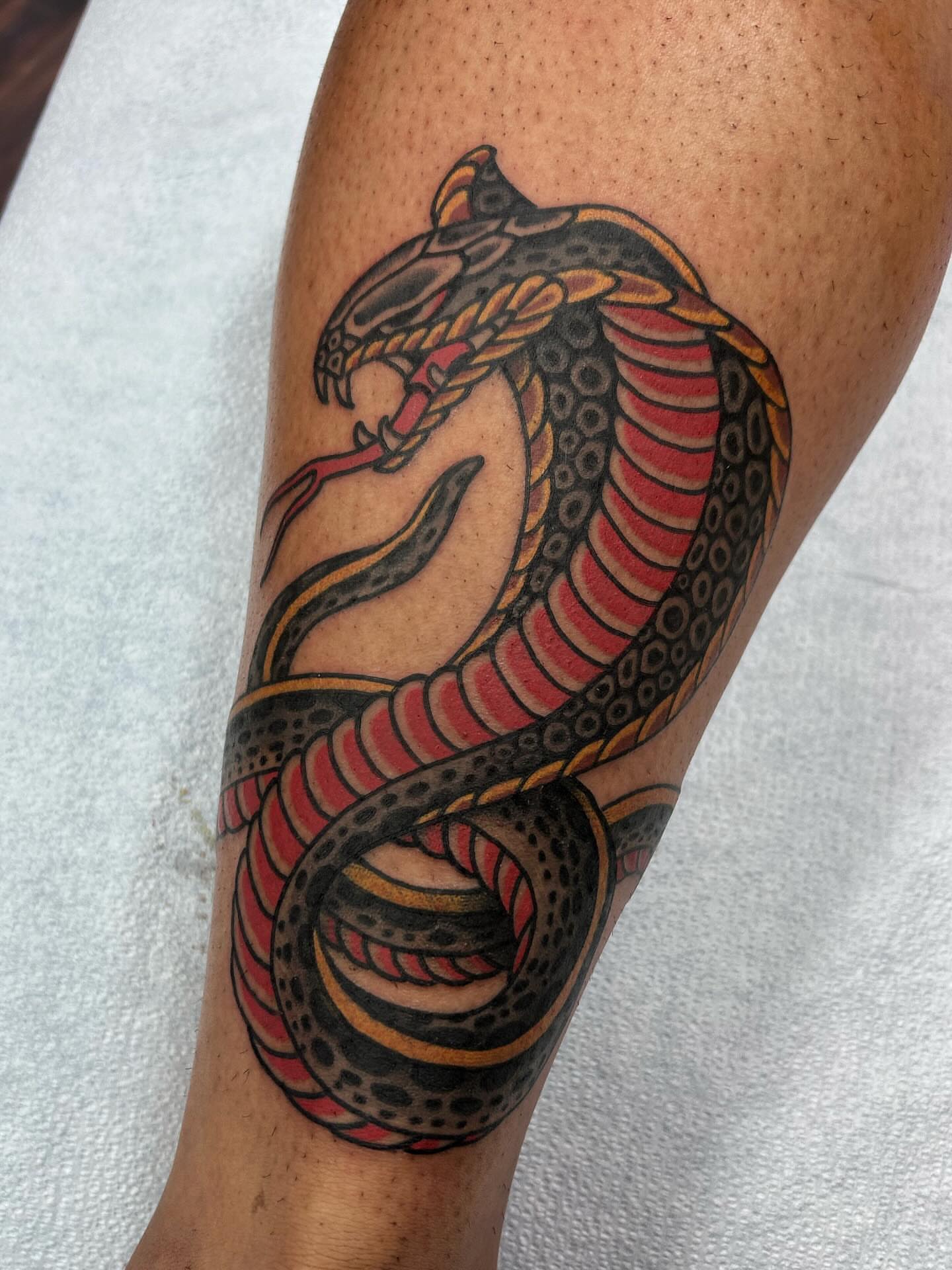 Snake American traditional tattoo on the forearm by Jade McKenzie, Temecula, California