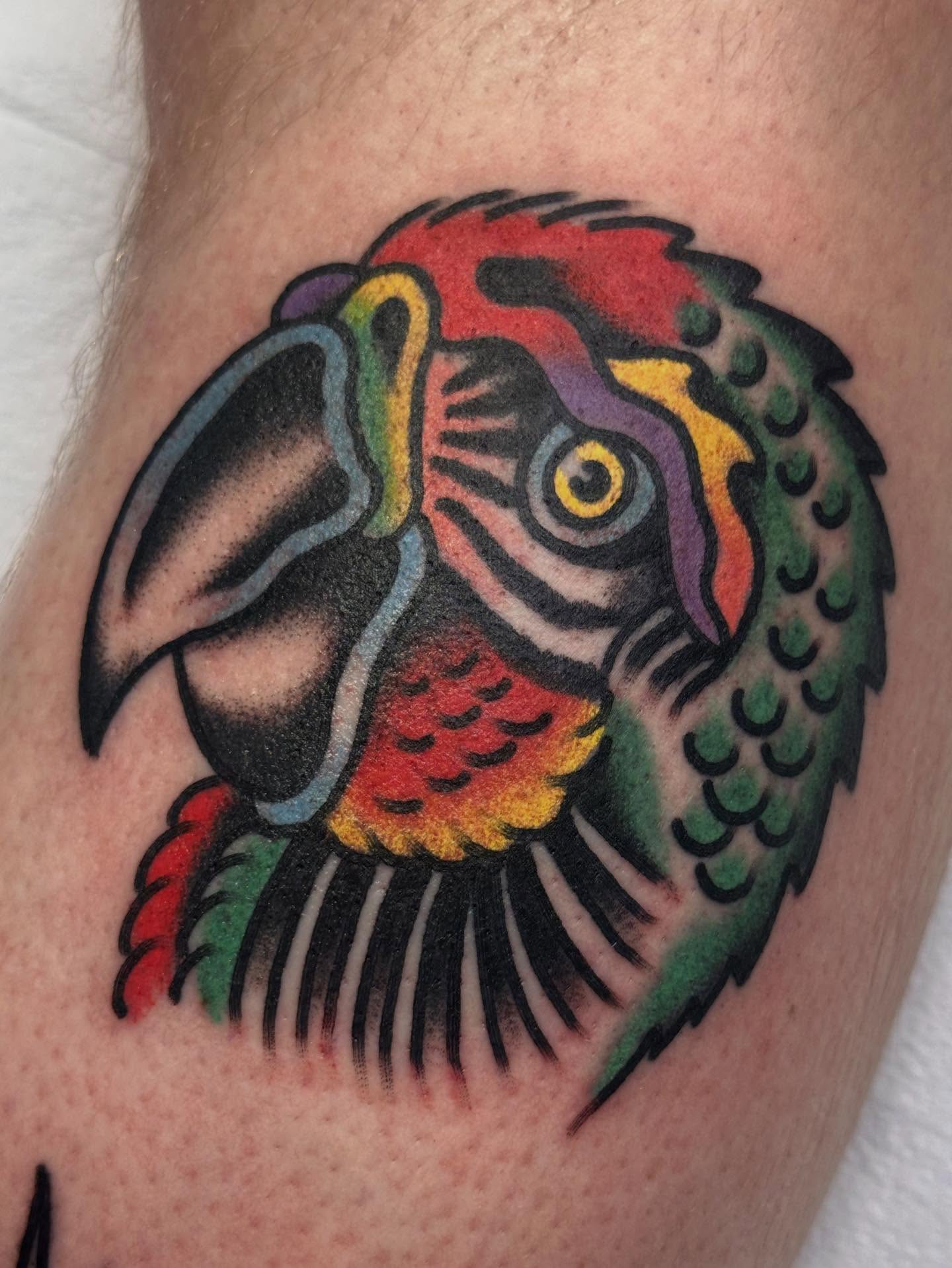 Parrot American traditional tattoo on the thigh by Cody Woolard, Seymour, Tennessee