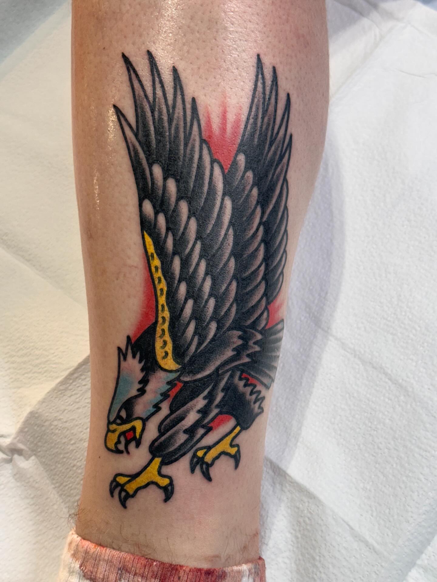 Eagle American traditional tattoo on the forearm by Cody Woolard, Seymour, Tennessee
